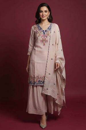 Graceful Baby Pink Viscose Sharara Suit With Floral Sequins Embroidery & Bead Detailing