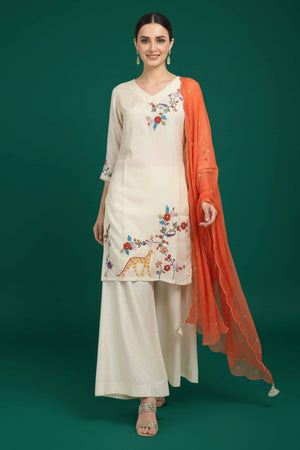 Chic Offwhite Viscose Palazzo Suit Featuring Floral Thread Embroidery & Moti Hand Work