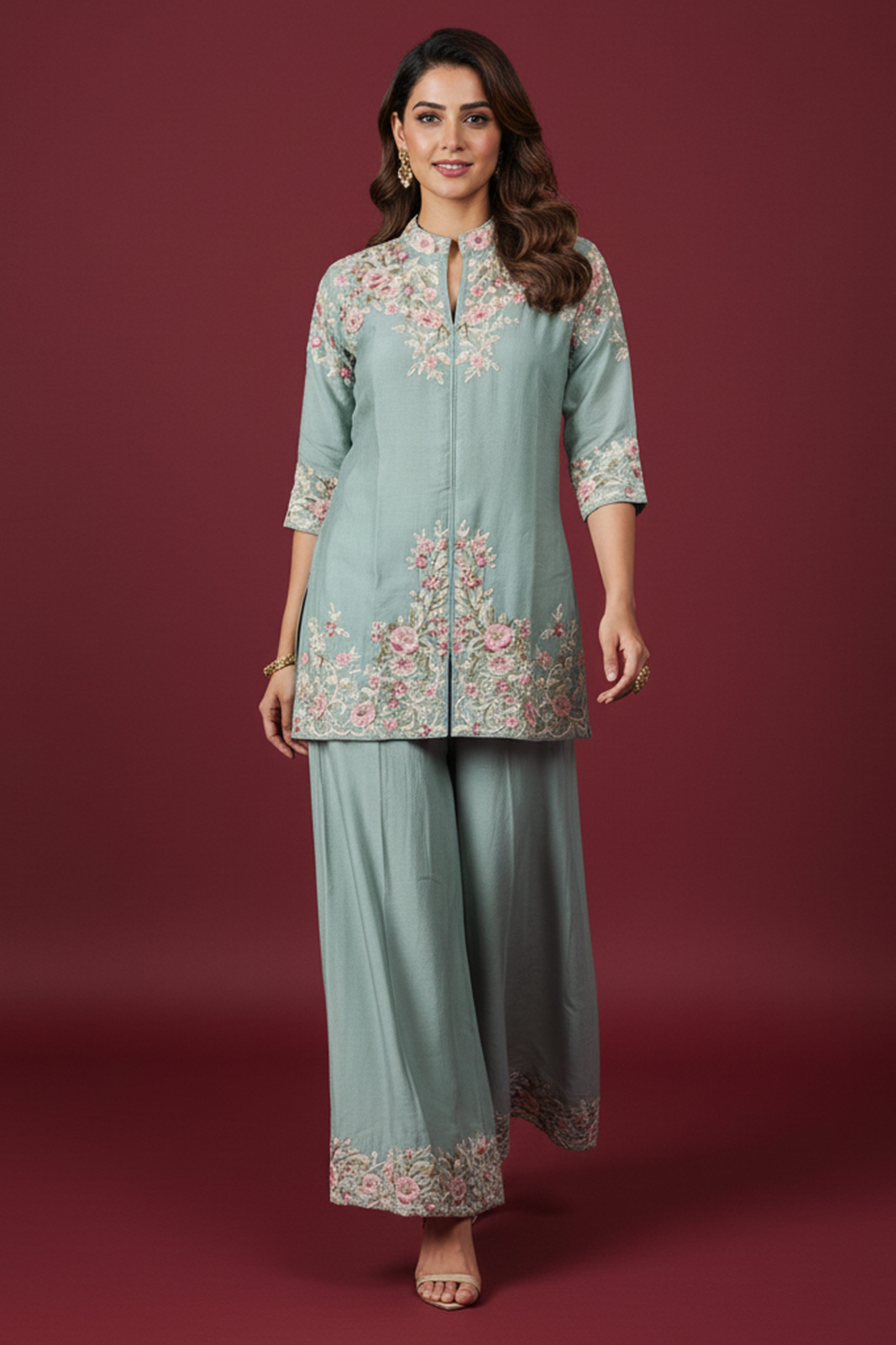 Sky Blue Heavy Embroidered Chinon Top & Bottom Set with Thread Work Detailing
