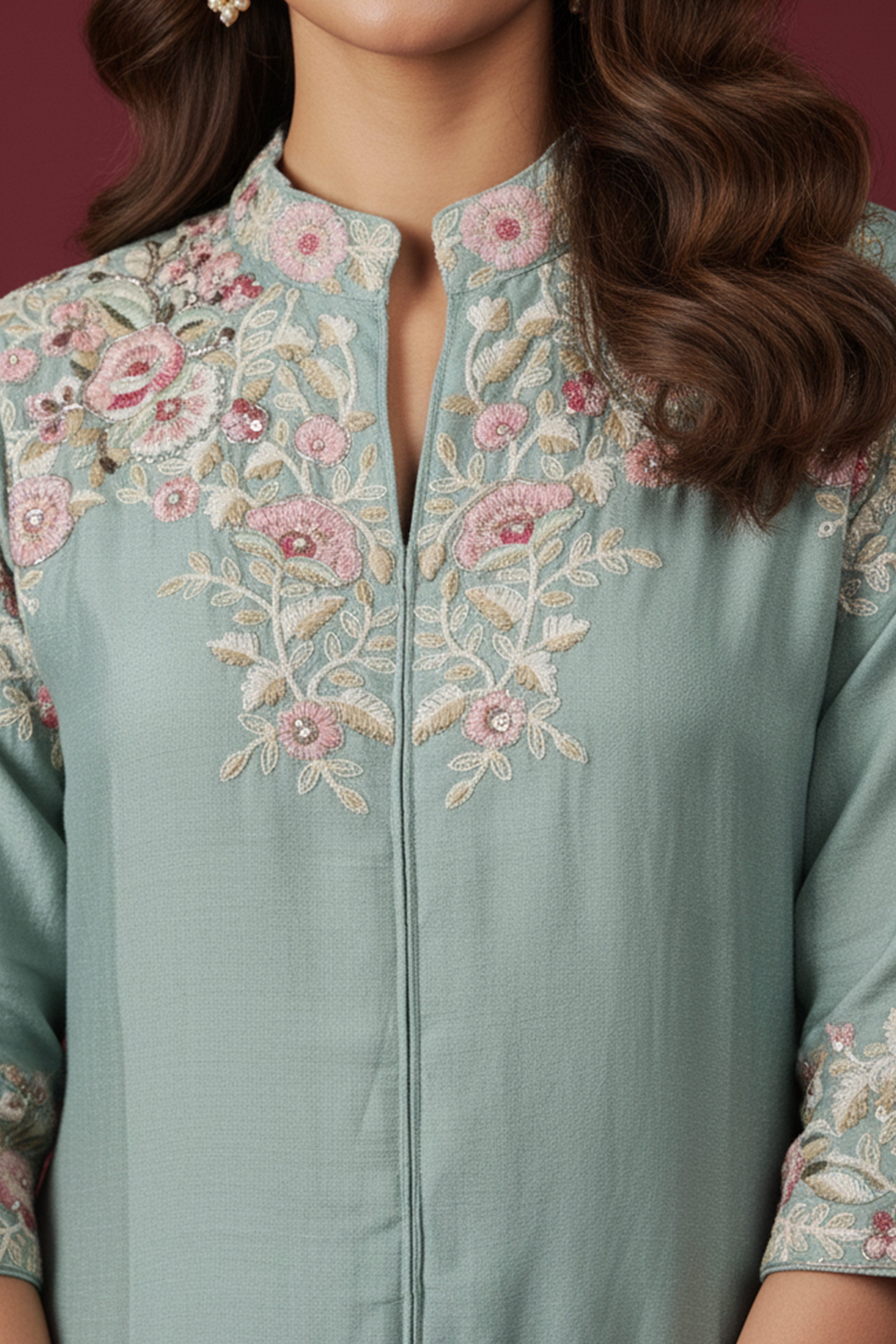 Sky Blue Heavy Embroidered Chinon Top & Bottom Set with Thread Work Detailing