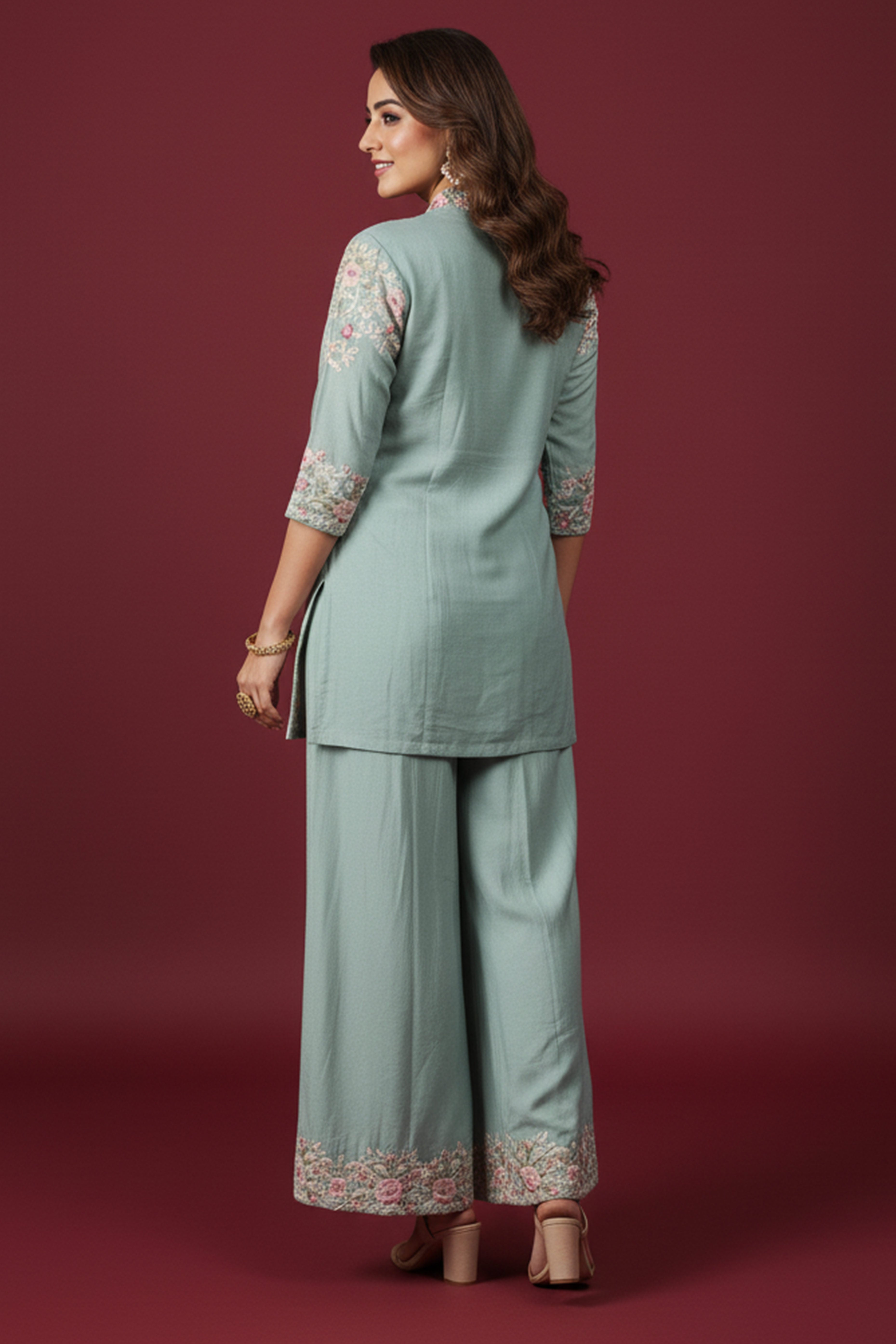 Sky Blue Heavy Embroidered Chinon Top & Bottom Set with Thread Work Detailing