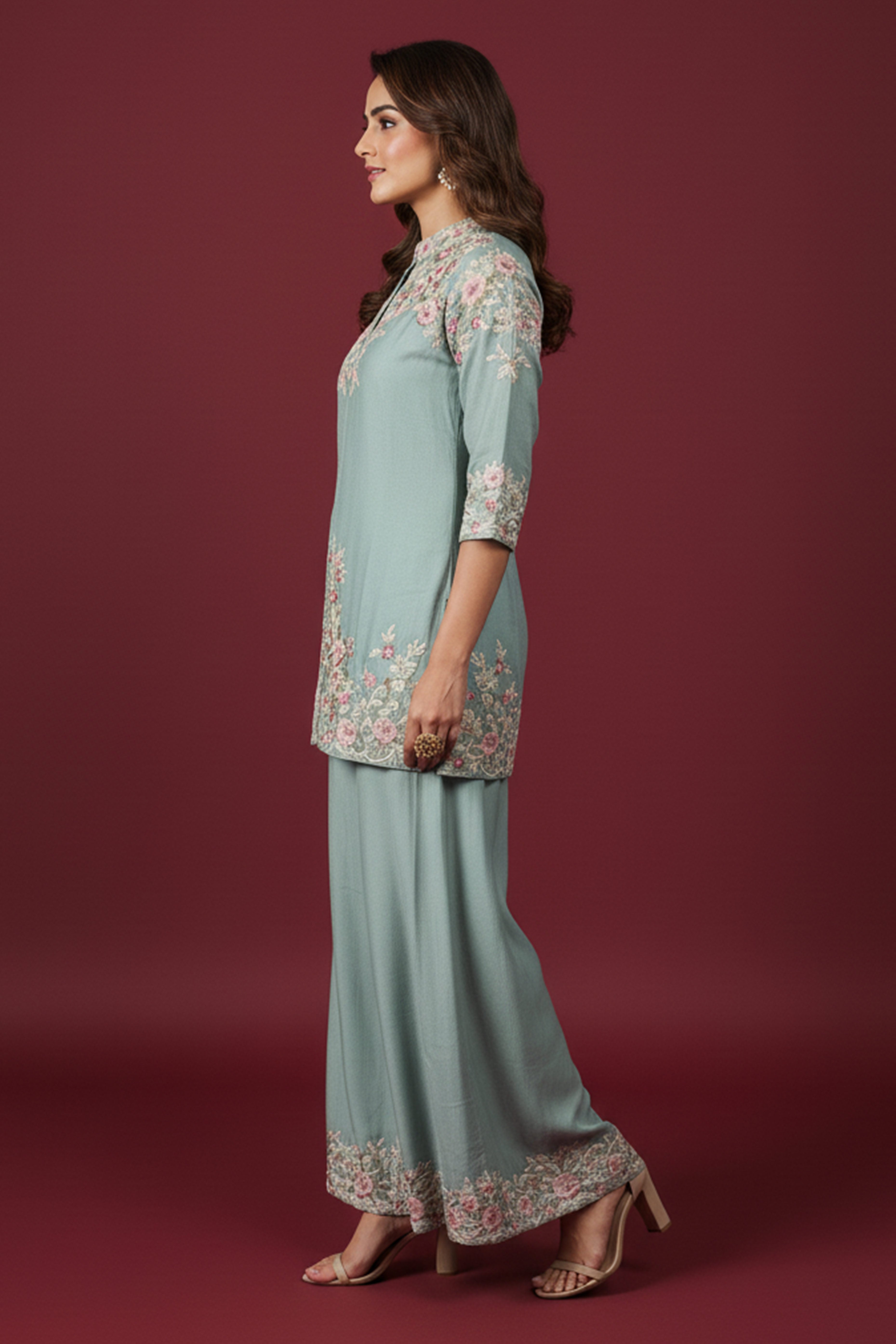 Sky Blue Heavy Embroidered Chinon Top & Bottom Set with Thread Work Detailing