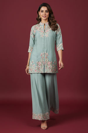 Sky Blue Heavy Embroidered Chinon Top & Bottom Set with Thread Work Detailing