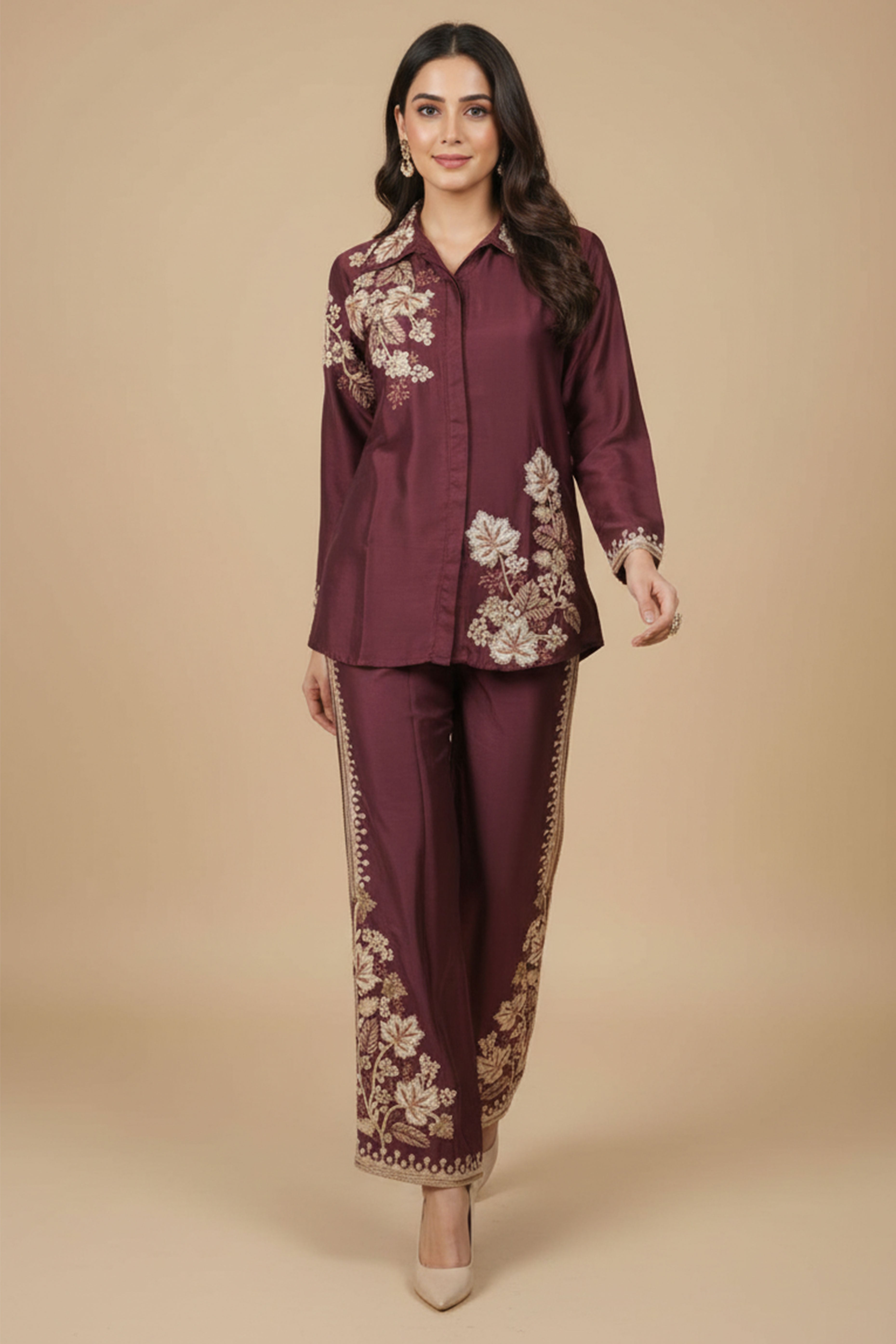 Gorgeous Wine Floral Embroidered Chinon Top Bottom Set for Party and Celebration Styling