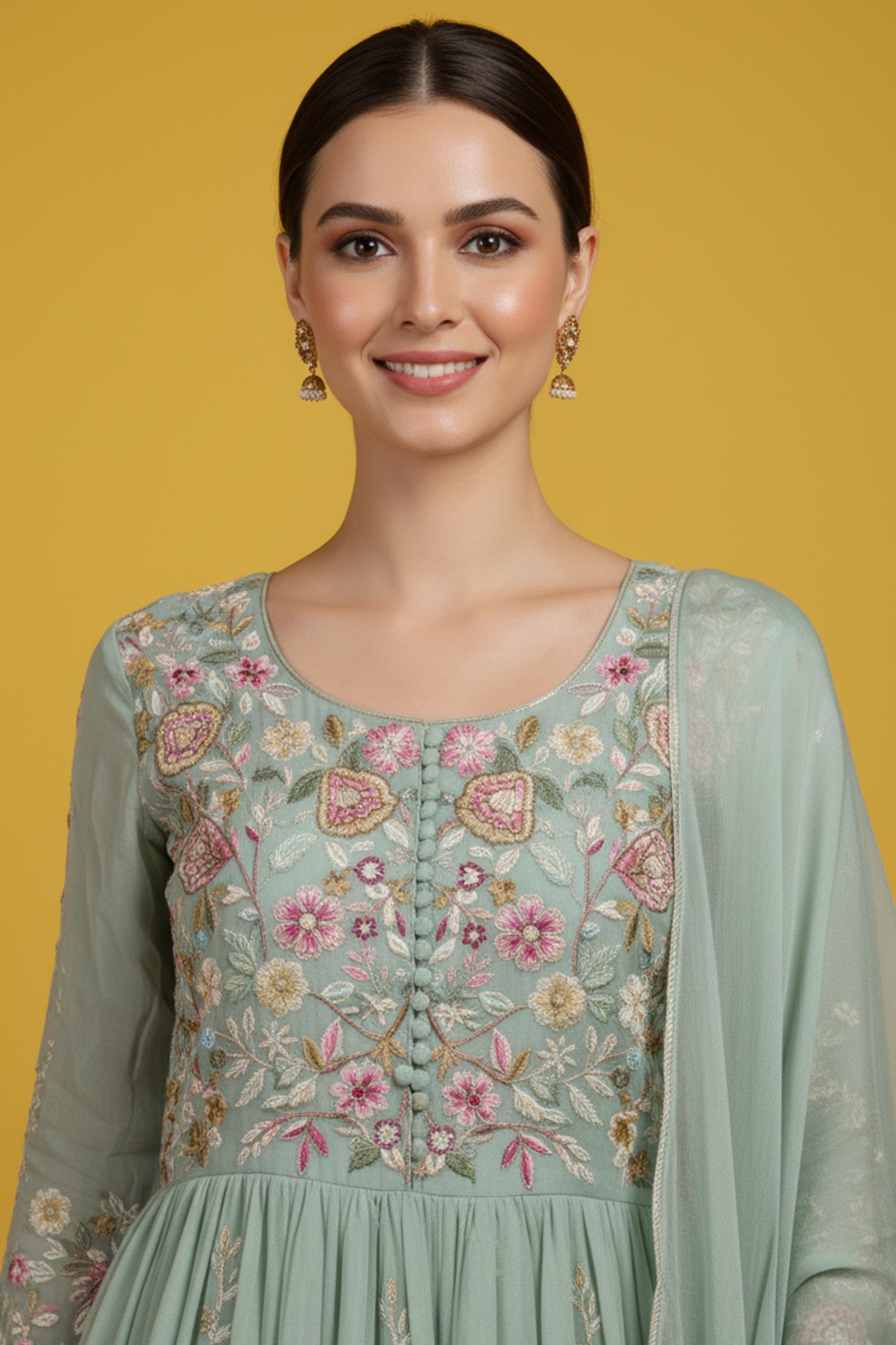 Luxurious Green Viscose Chinon Anarkali Kurti with Detailed Embroidery for Festive Wear