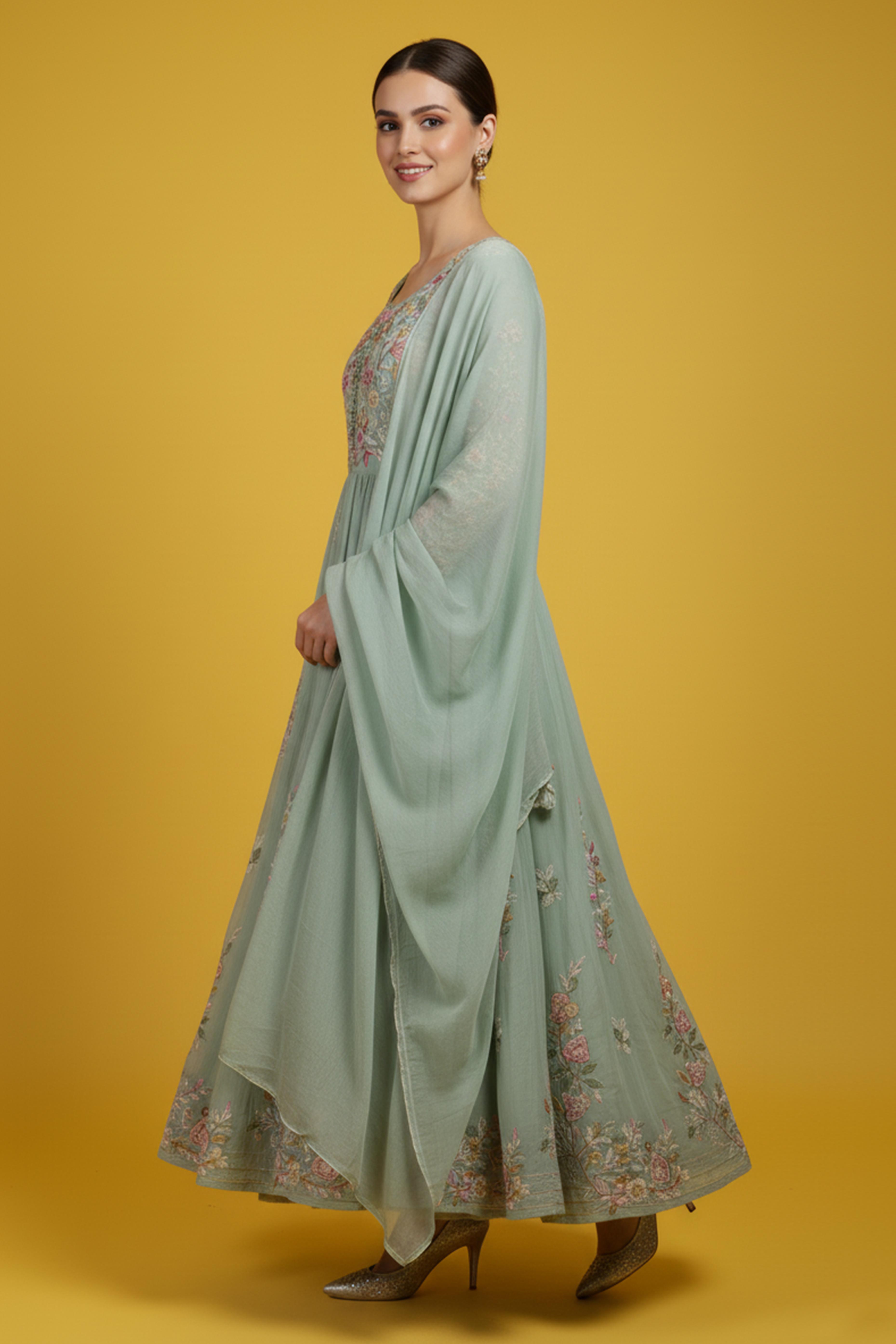 Luxurious Green Viscose Chinon Anarkali Kurti with Detailed Embroidery for Festive Wear