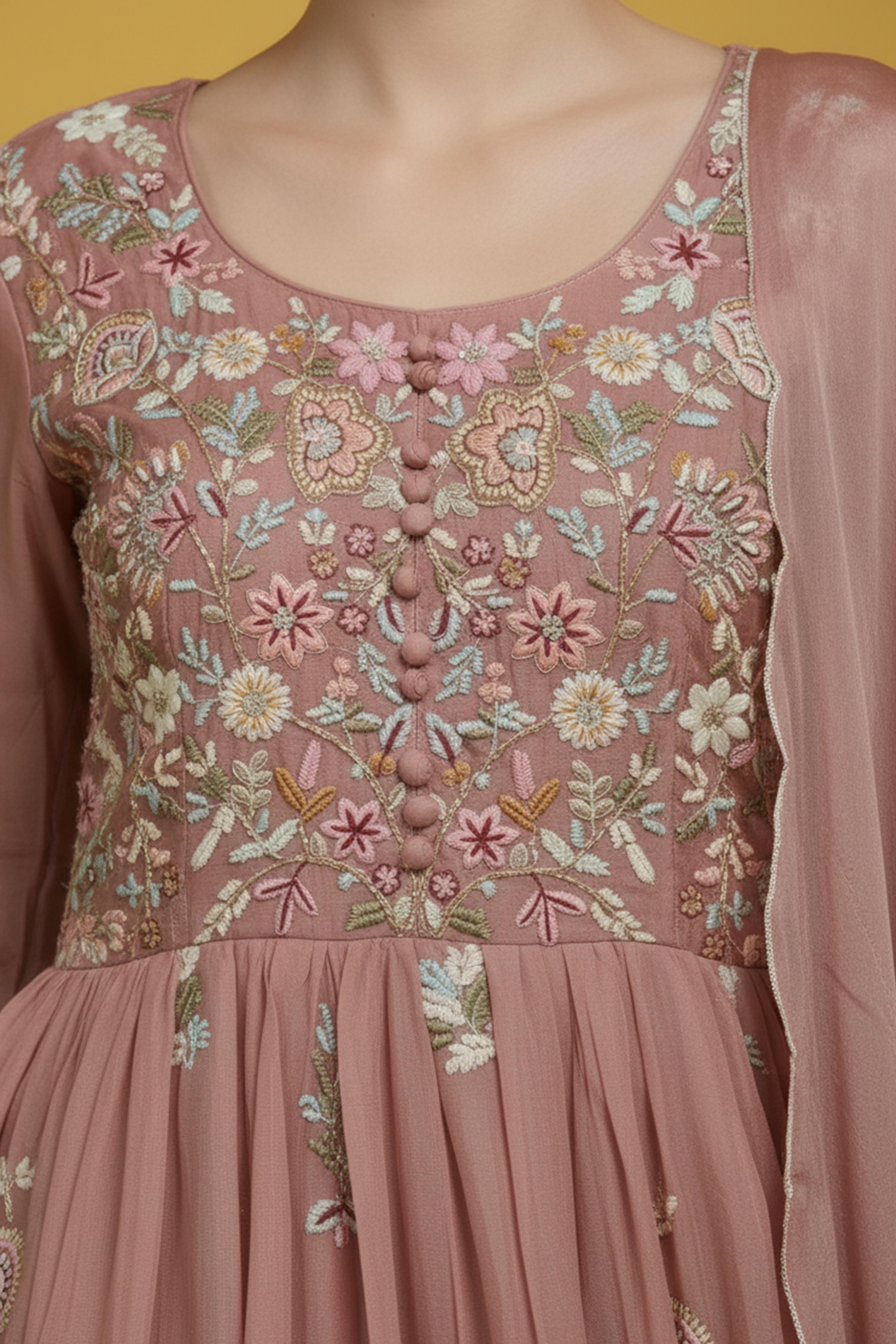 Luxurious Light Pink Viscose Chinon Anarkali Kurti with Detailed Embroidery for Festive Wear