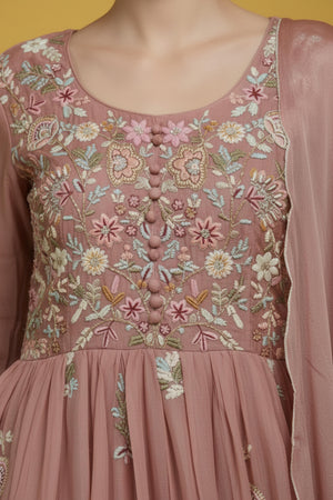 Luxurious Light Pink Viscose Chinon Anarkali Kurti with Detailed Embroidery for Festive Wear