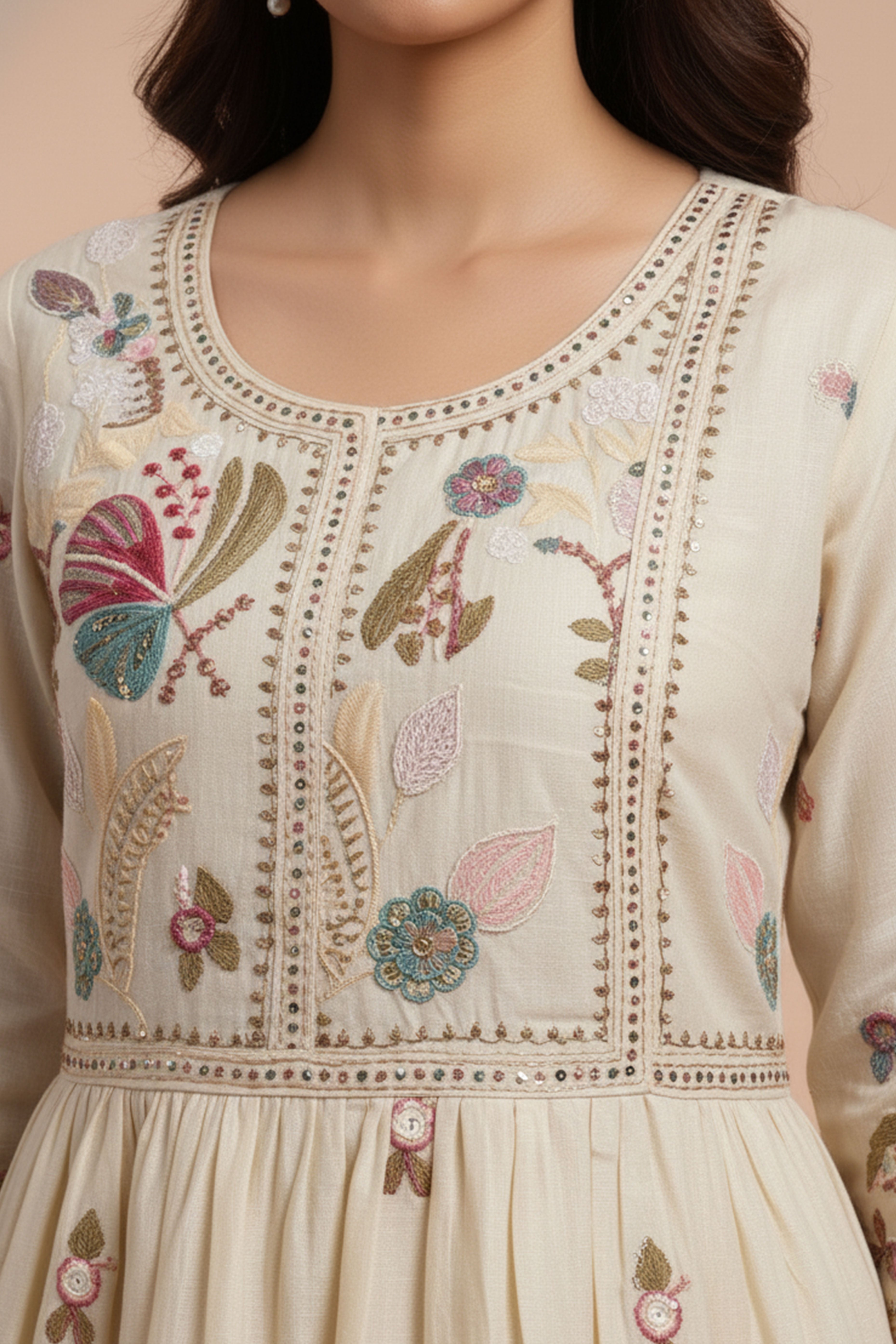 Designer Off White Viscose Tissue Salwar Suit Featuring Exquisite Thread and Bead Embroidery