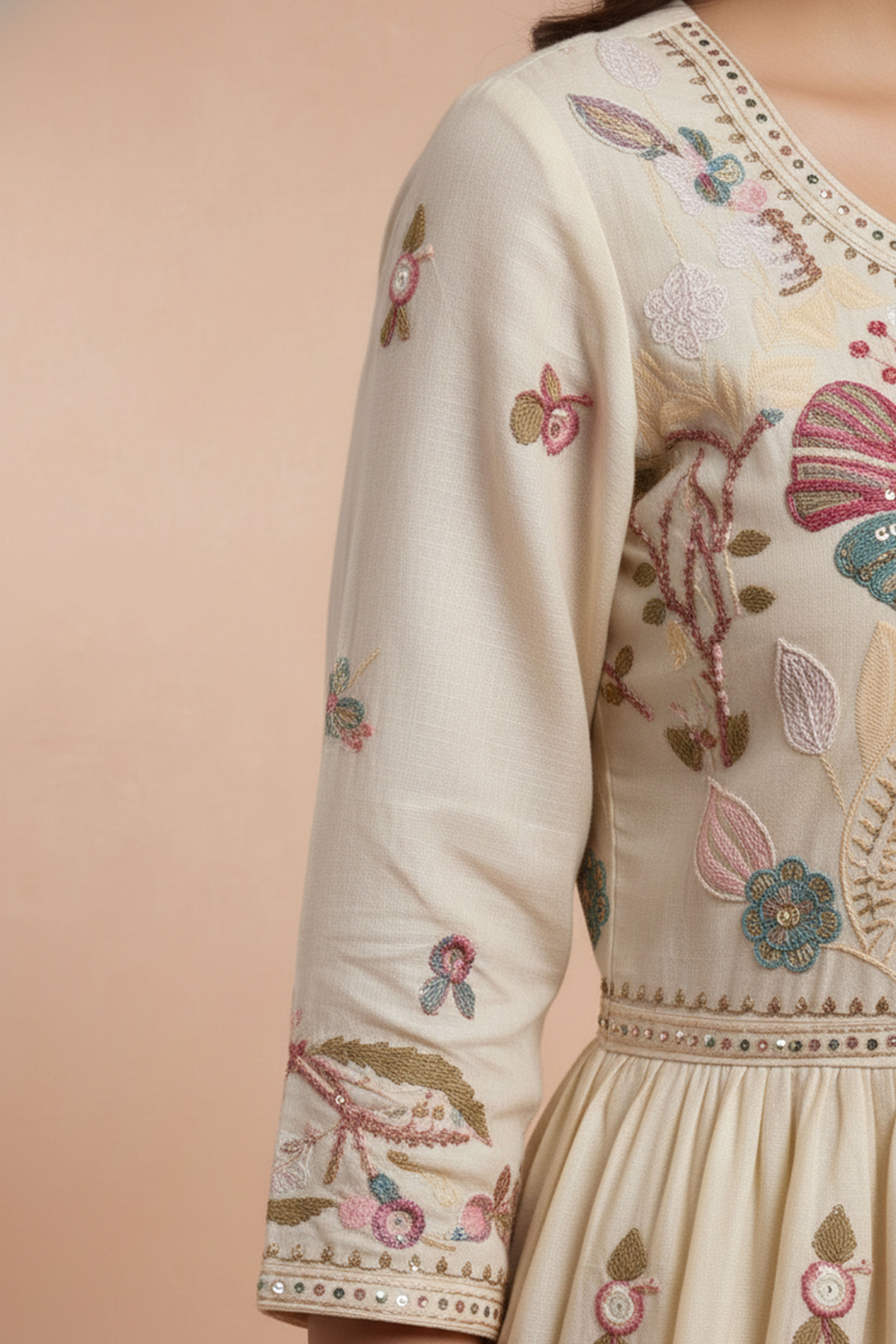 Designer Off White Viscose Tissue Salwar Suit Featuring Exquisite Thread and Bead Embroidery