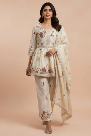 Designer Off White Viscose Tissue Salwar Suit Featuring Exquisite Thread and Bead Embroidery