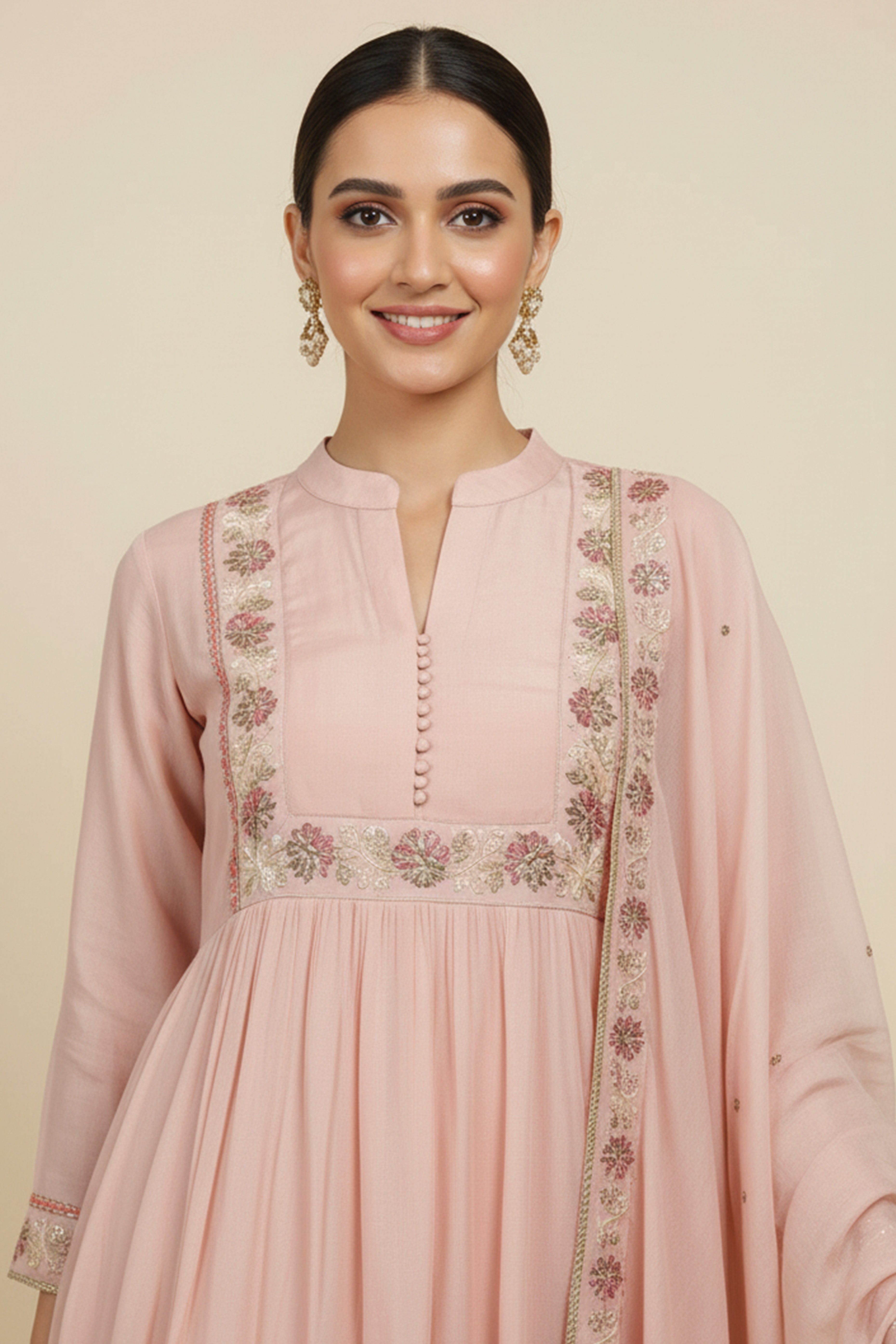 Light Pink A-Line Salwar Suit with Fine Embroidery Work on Soft Mul Chanderi Fabric