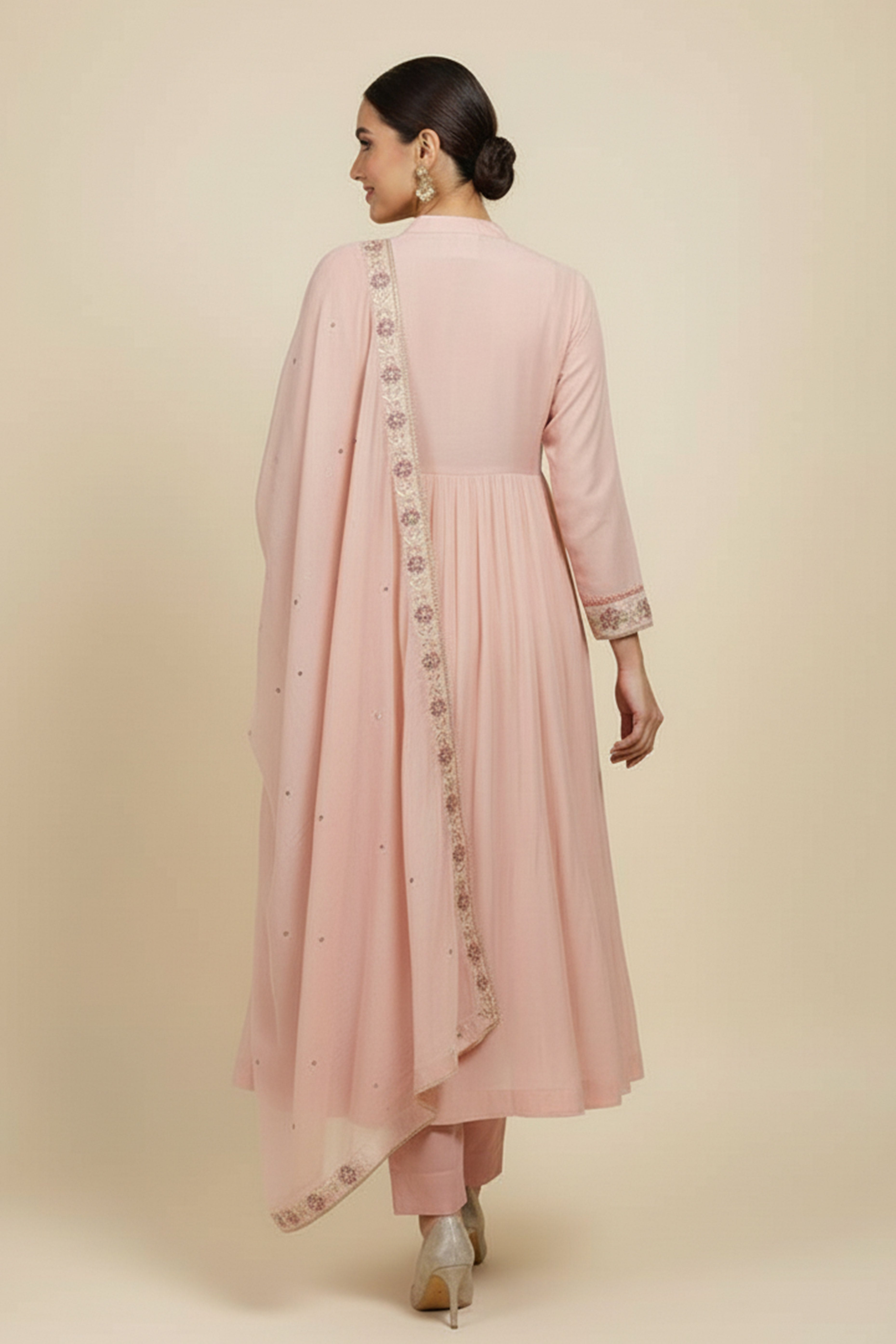 Light Pink A-Line Salwar Suit with Fine Embroidery Work on Soft Mul Chanderi Fabric