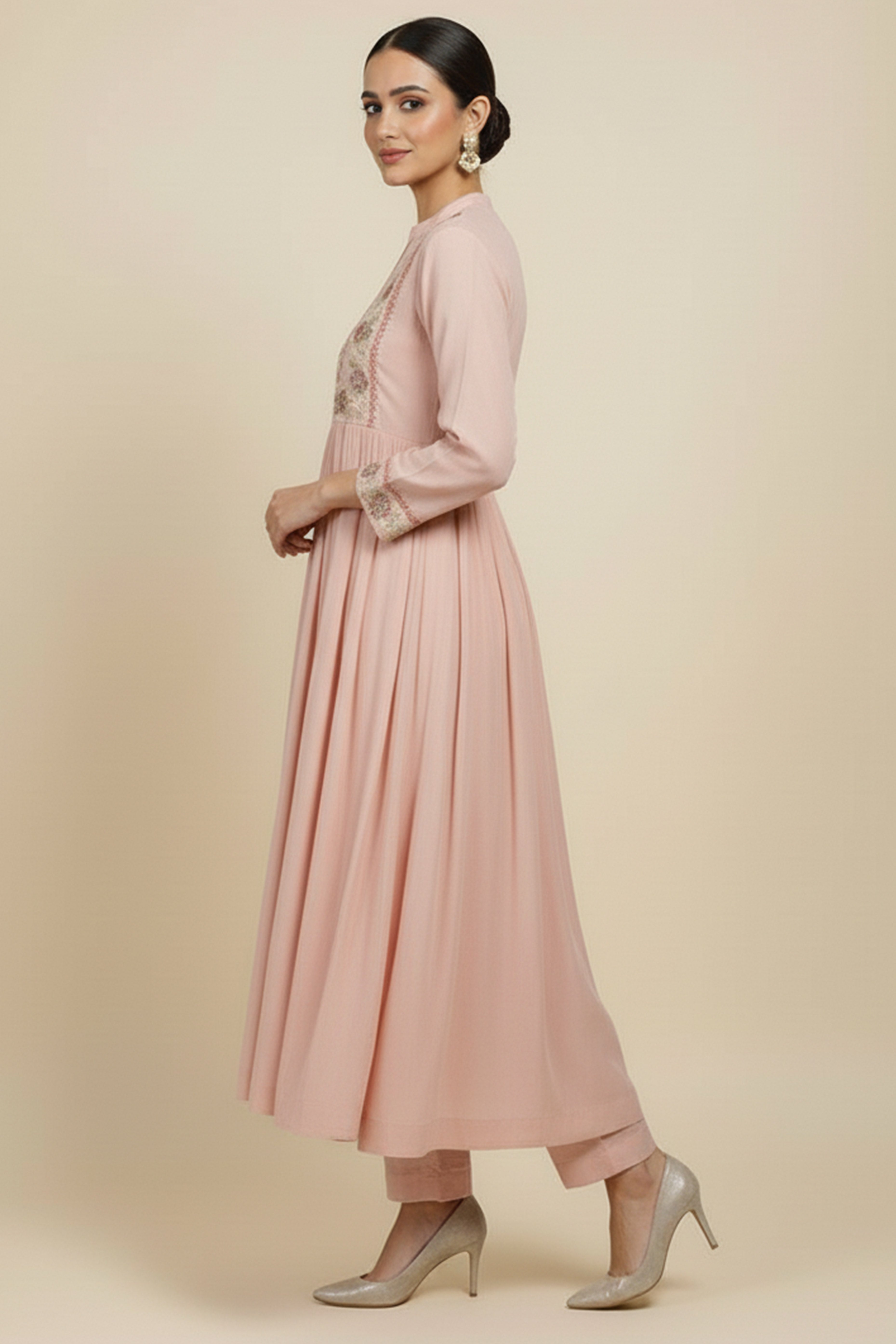 Light Pink A-Line Salwar Suit with Fine Embroidery Work on Soft Mul Chanderi Fabric