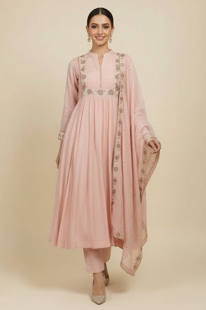 Light Pink A-Line Salwar Suit with Fine Embroidery Work on Soft Mul Chanderi Fabric