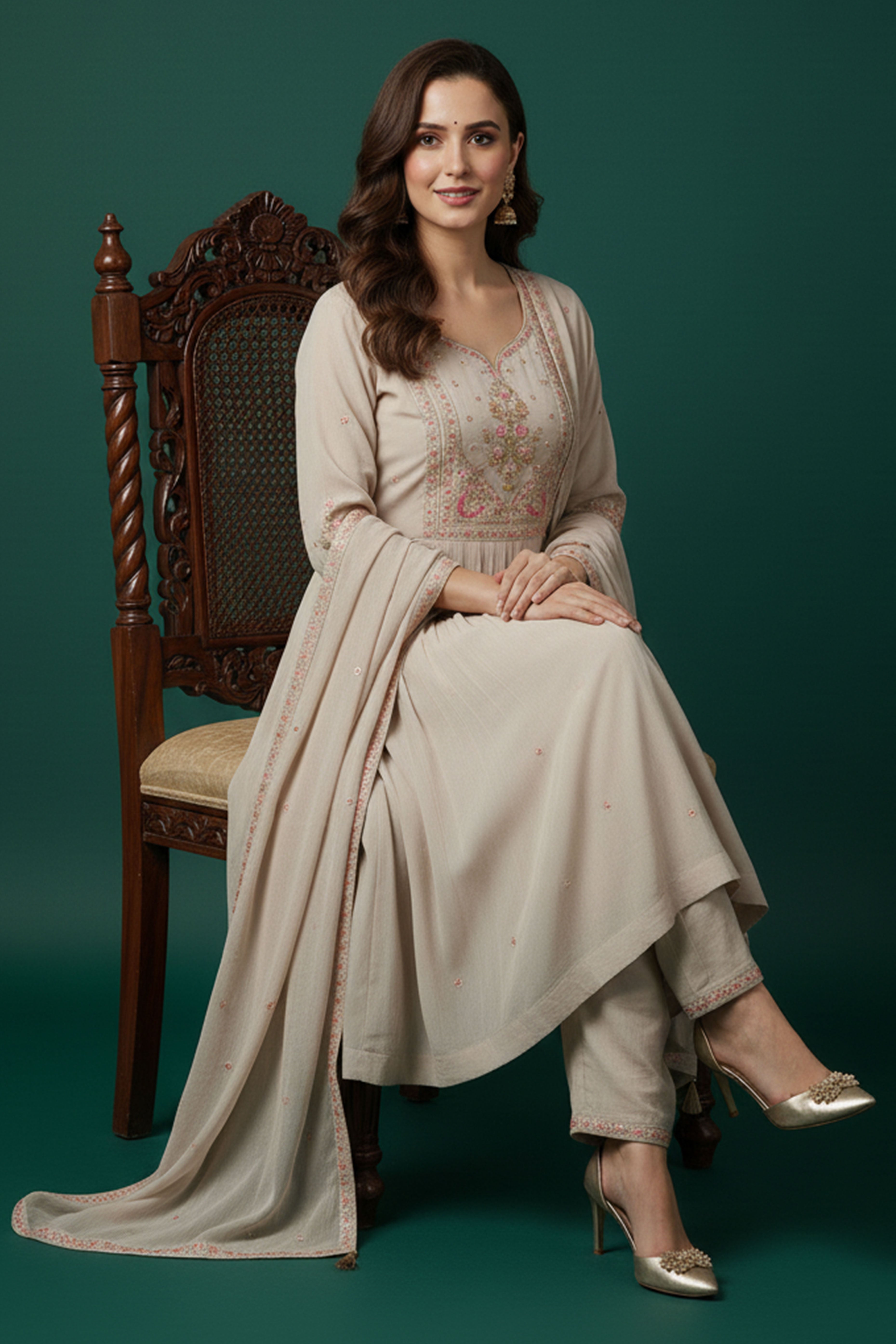 Grey Embroidered Mul Chanderi Suit Set for a Graceful Ethnic Look