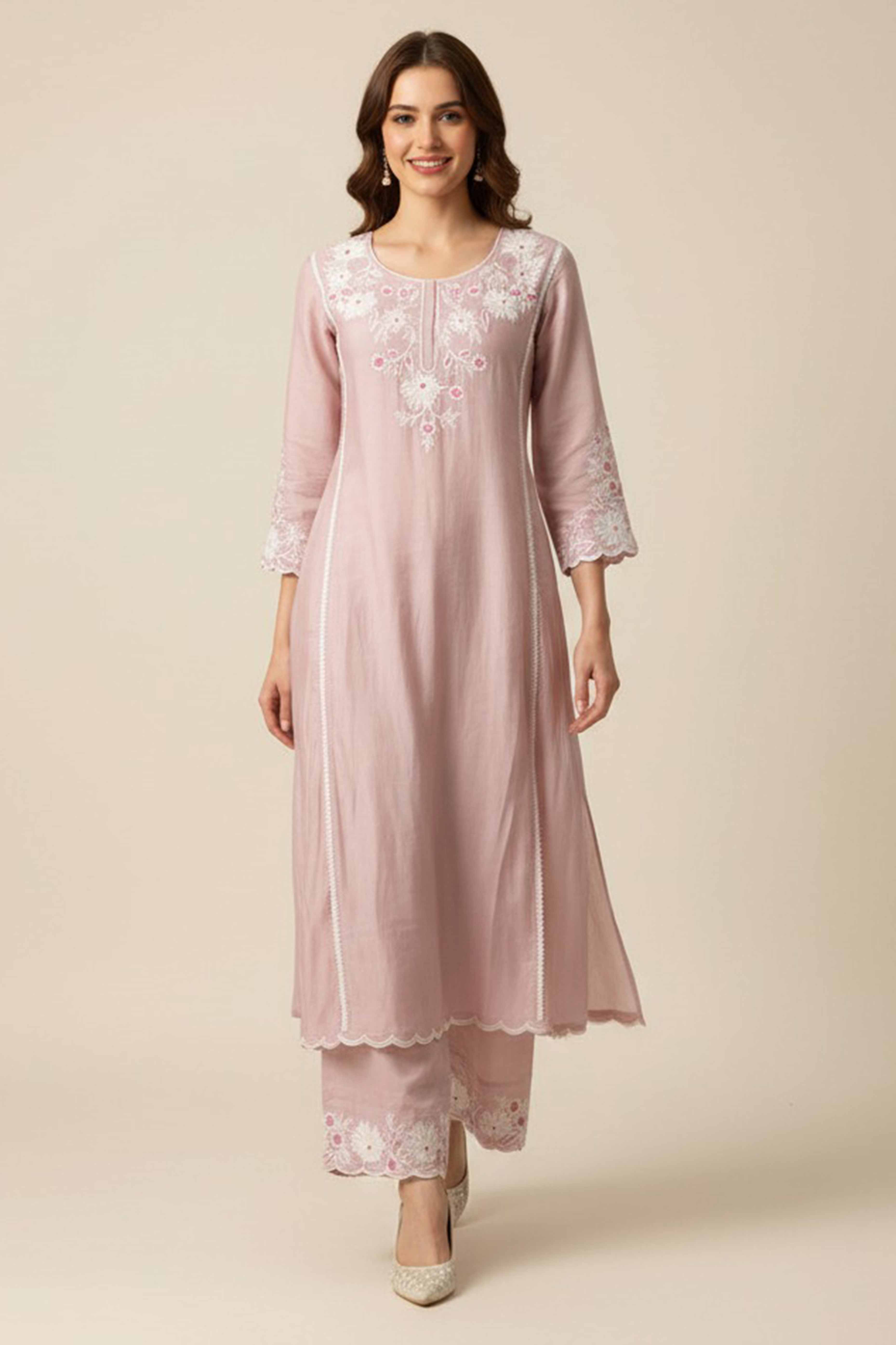 Lavender Floral Embroidered Chanderi A-line Top Bottom Set