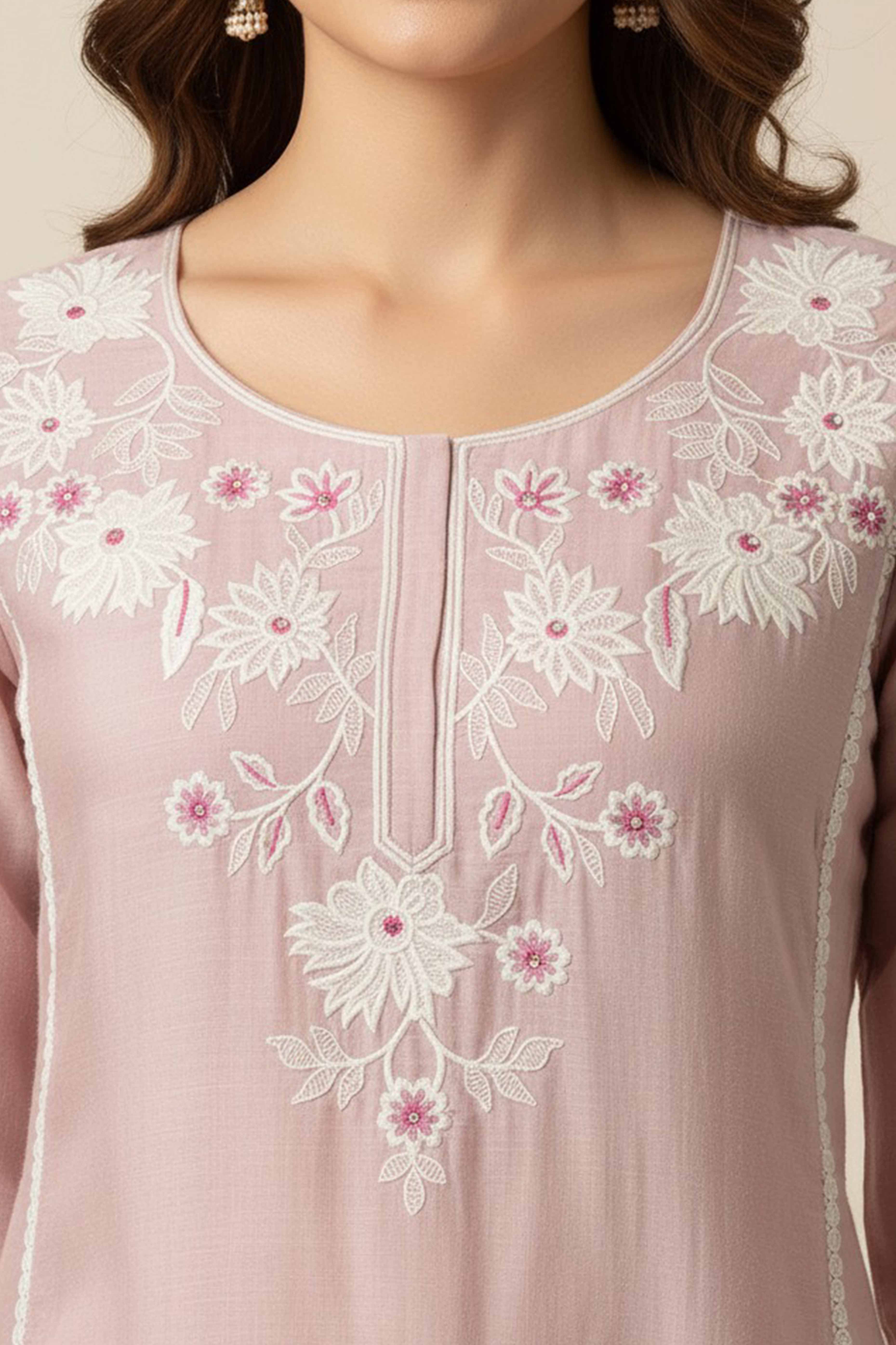 Lavender Floral Embroidered Chanderi A-line Top Bottom Set