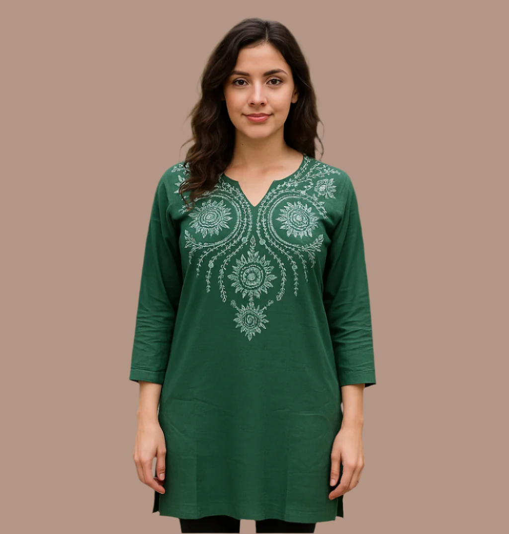 Green Yoke Embroidered Rayon Straigth Top