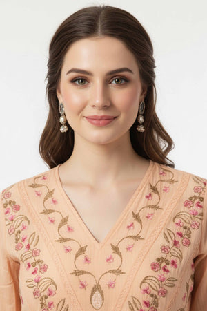 Light Peach Floral Embroidered Rayon A-Line Top