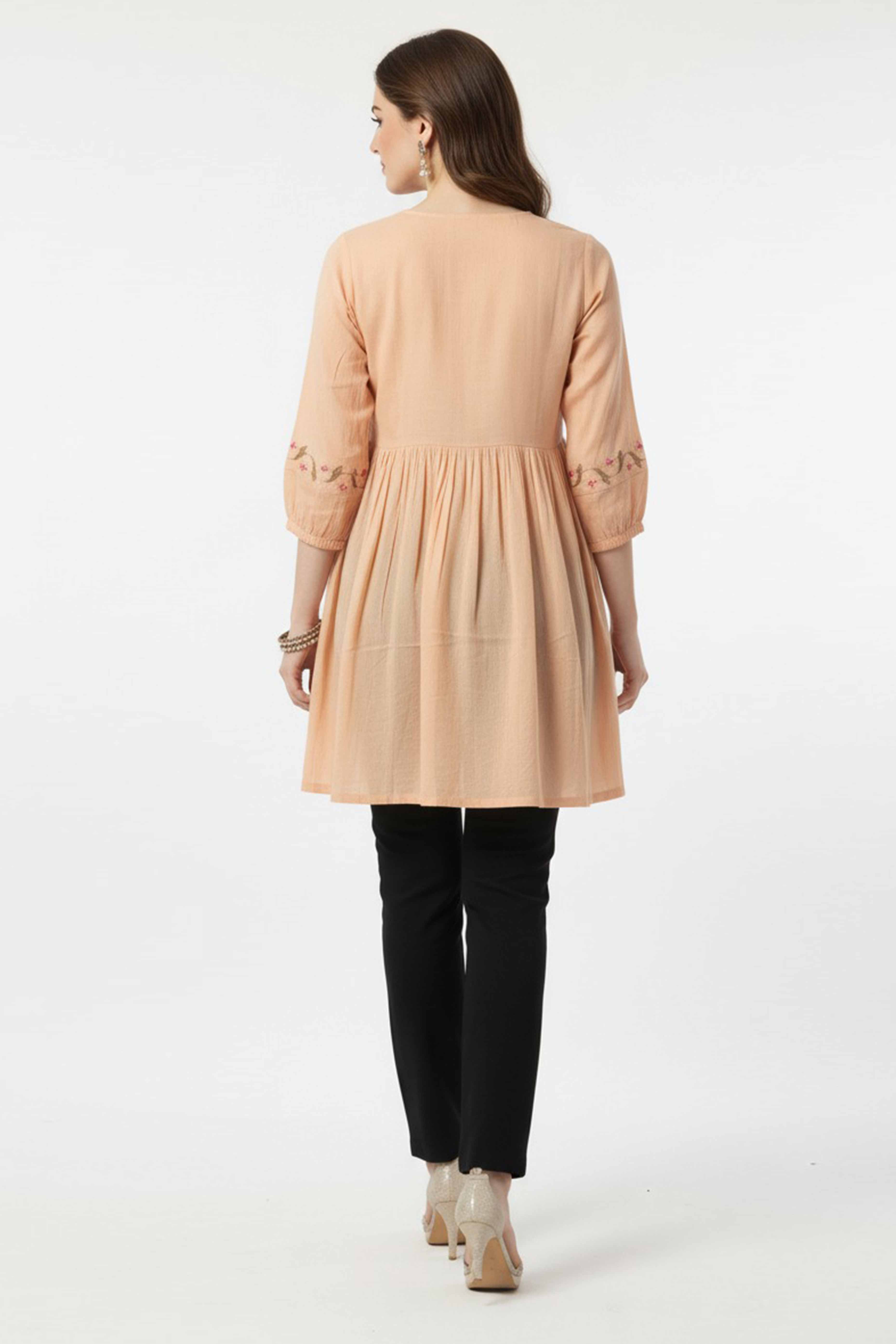 Light Peach Floral Embroidered Rayon A-Line Top