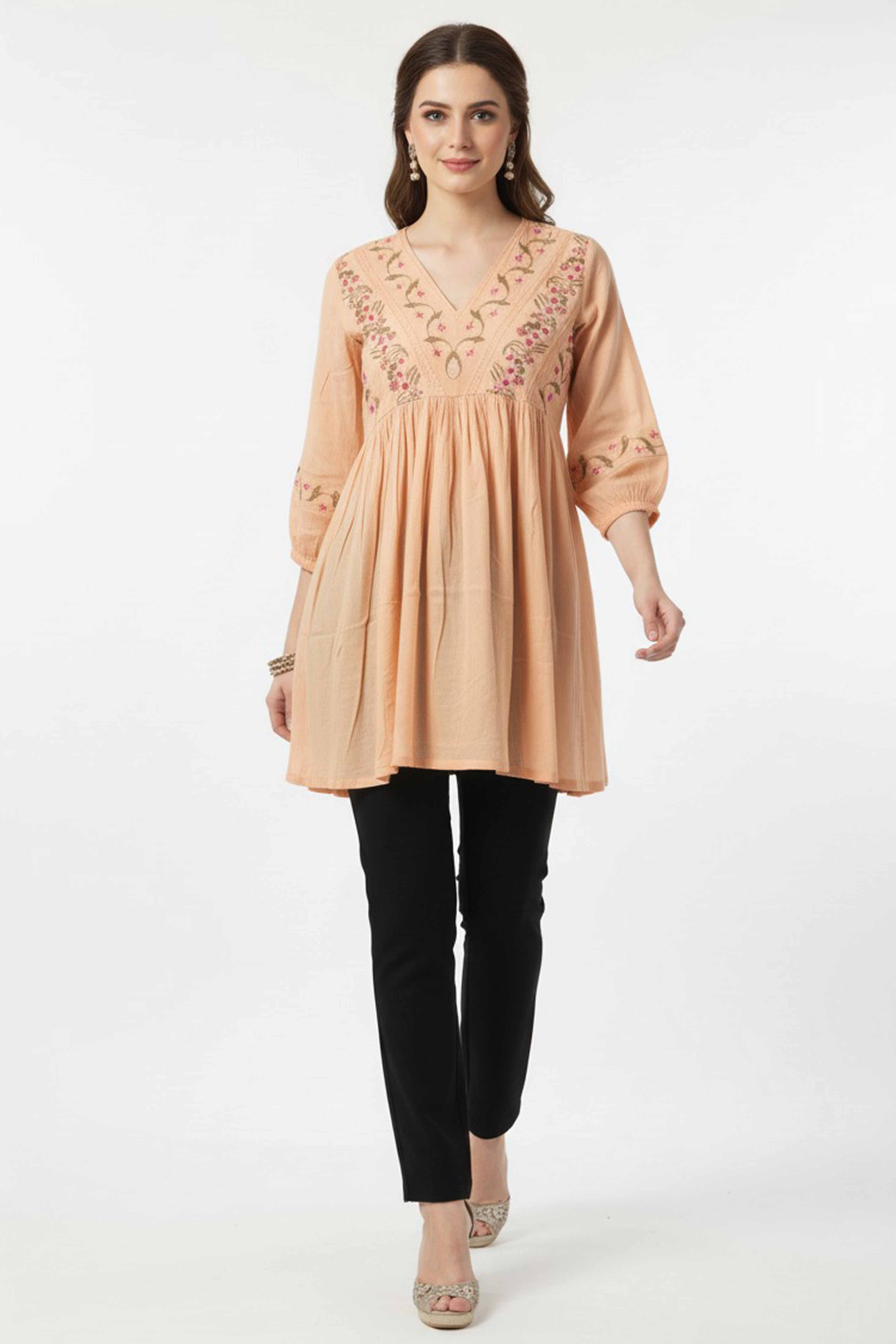 Light Peach Floral Embroidered Rayon A-Line Top