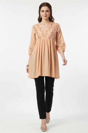 Light Peach Floral Embroidered Rayon A-Line Top