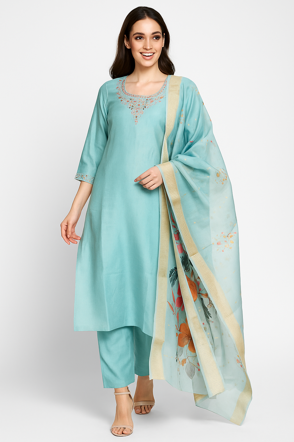 Blue Floral Sequins Embroidery With Handwork Viscose Straight Salwar Suit