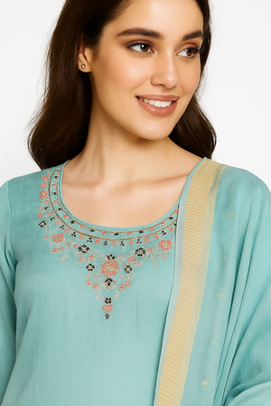 Blue Floral Sequins Embroidery With Handwork Viscose Straight Salwar Suit