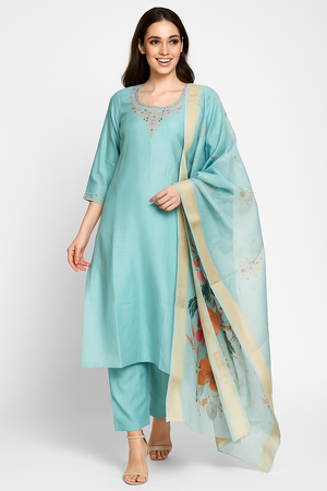 Blue Floral Sequins Embroidery With Handwork Viscose Straight Salwar Suit