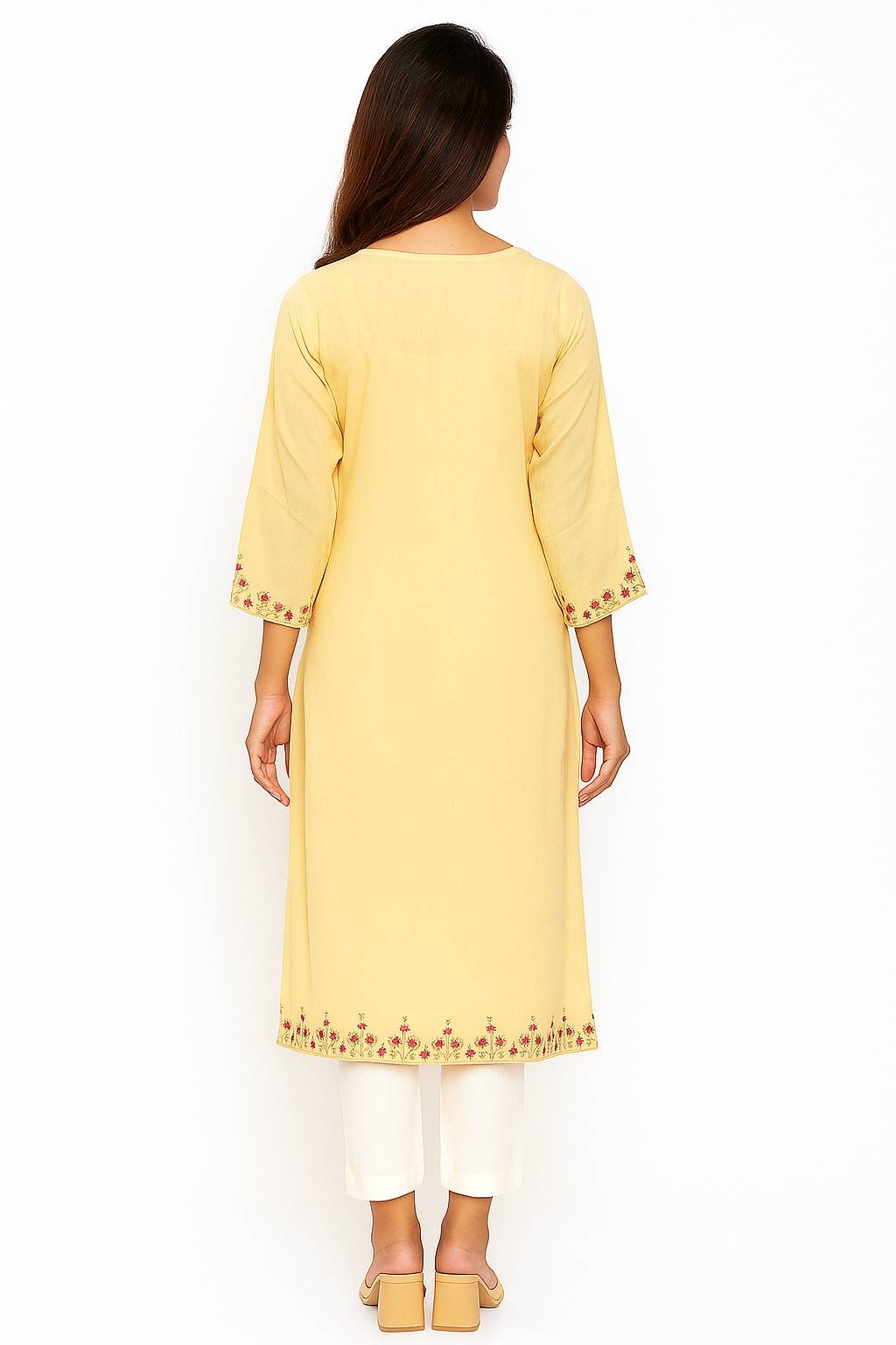 Lemon Yellow Rayon Straight Kurti with Heavy Floral Threadwork