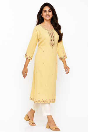 Lemon Yellow Rayon Straight Kurti with Heavy Floral Threadwork
