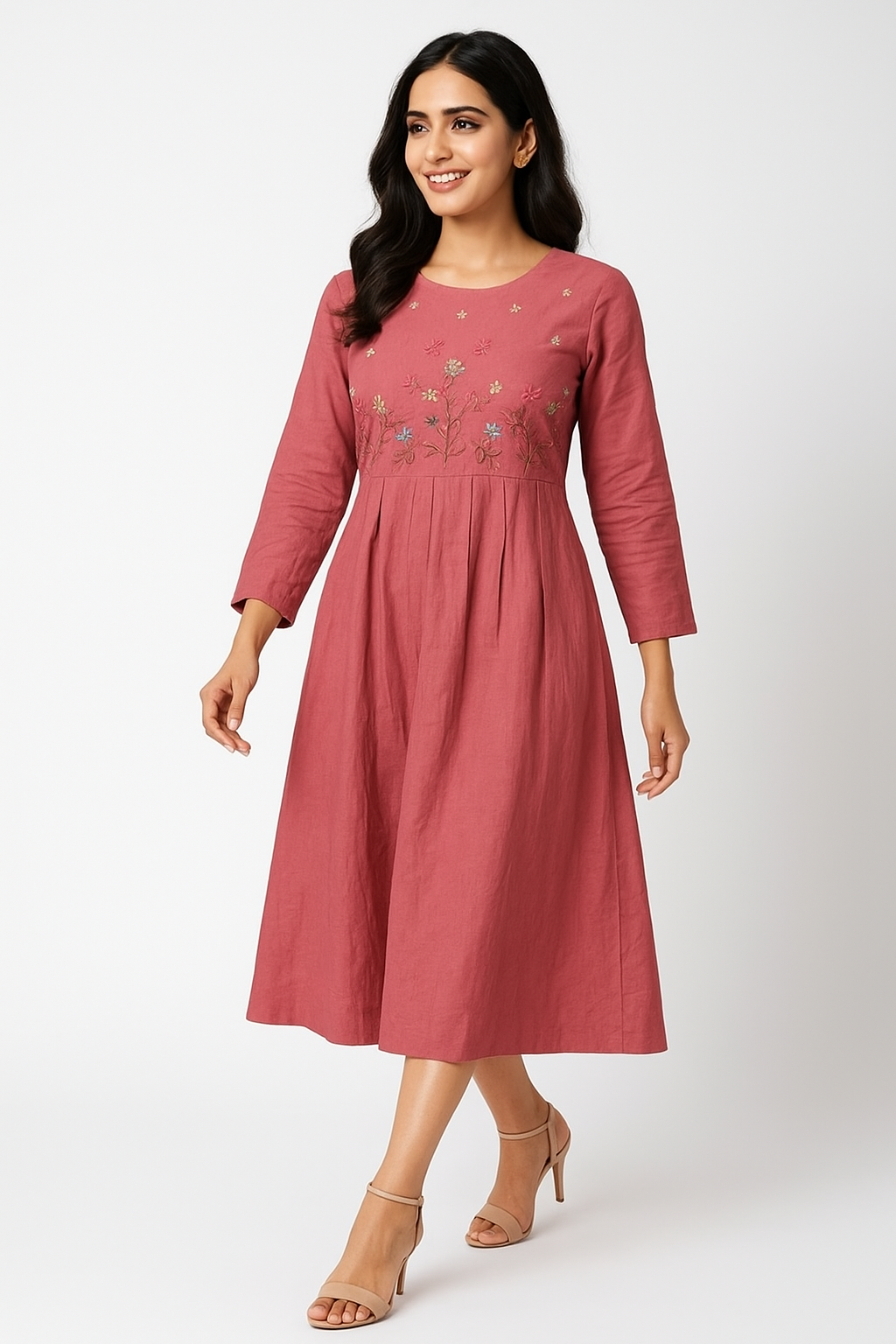 Peach Floral Thread Embroidered Pure Cotton Maxi Dress in Soft Cambric Fabric