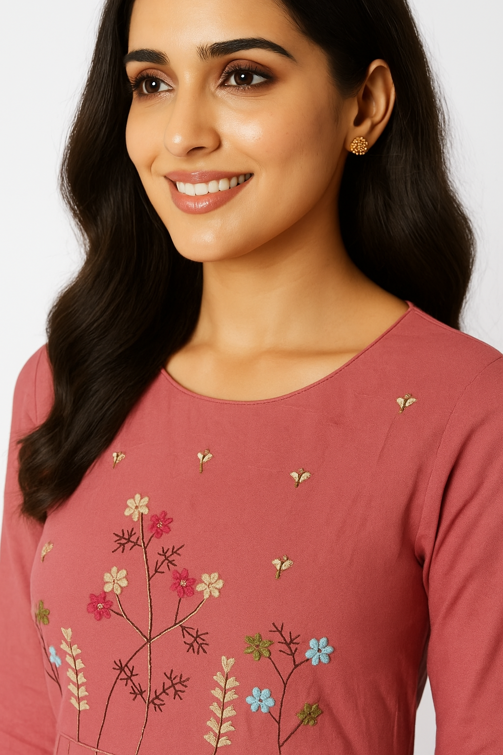 Peach Floral Thread Embroidered Pure Cotton Maxi Dress in Soft Cambric Fabric