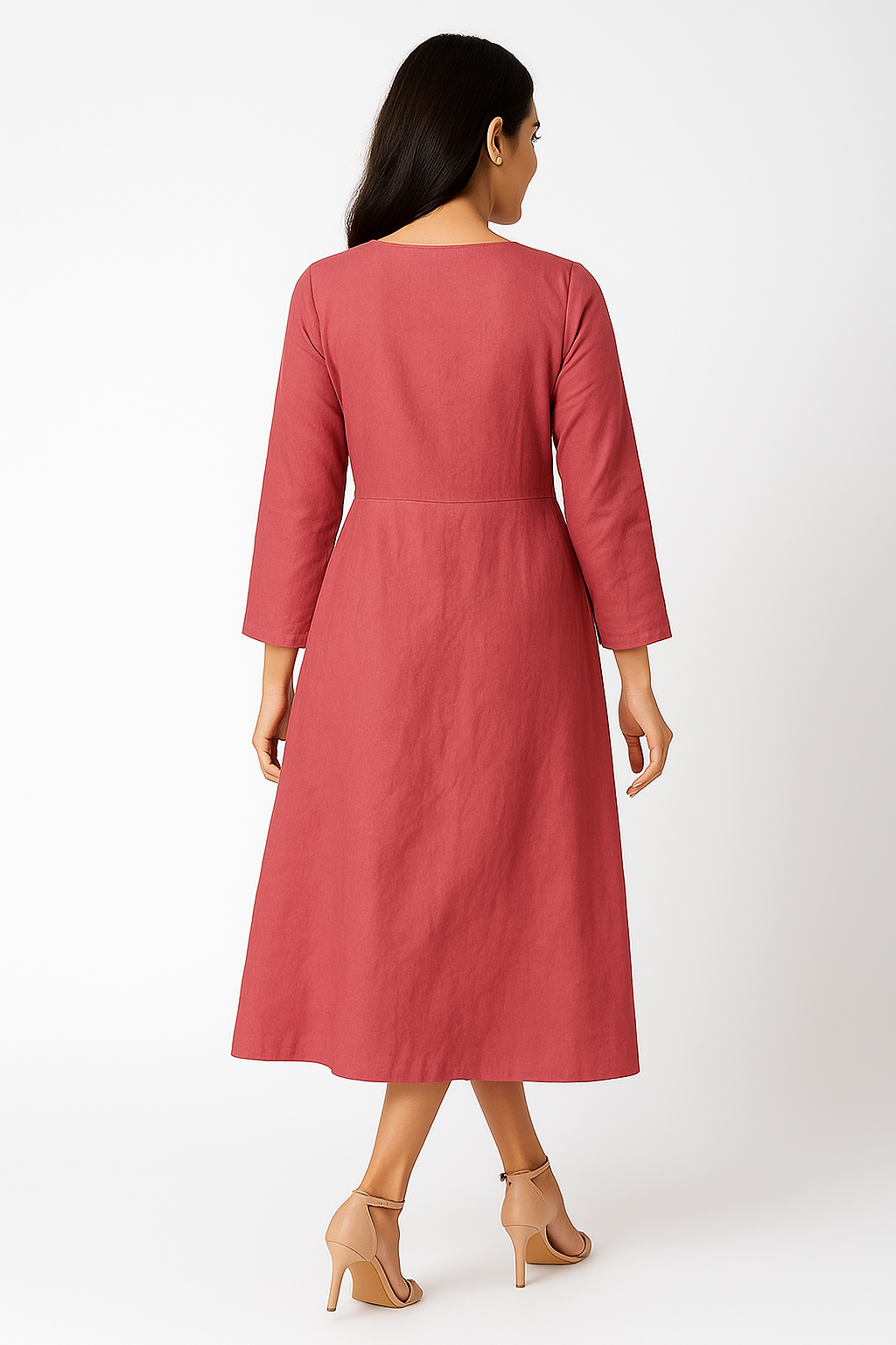 Peach Floral Thread Embroidered Pure Cotton Maxi Dress in Soft Cambric Fabric