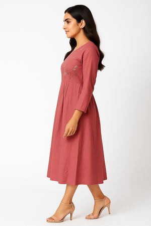 Peach Floral Thread Embroidered Pure Cotton Maxi Dress in Soft Cambric Fabric