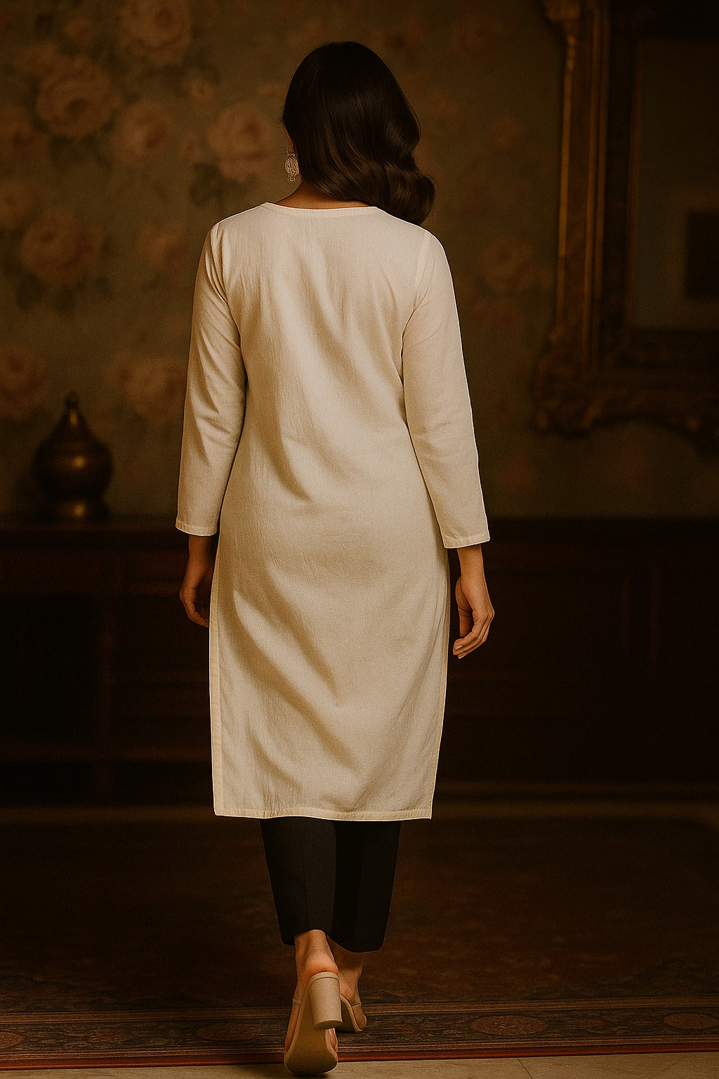 White Viscose Kurti Featuring Hand Touched Embroidery Work on the Neck