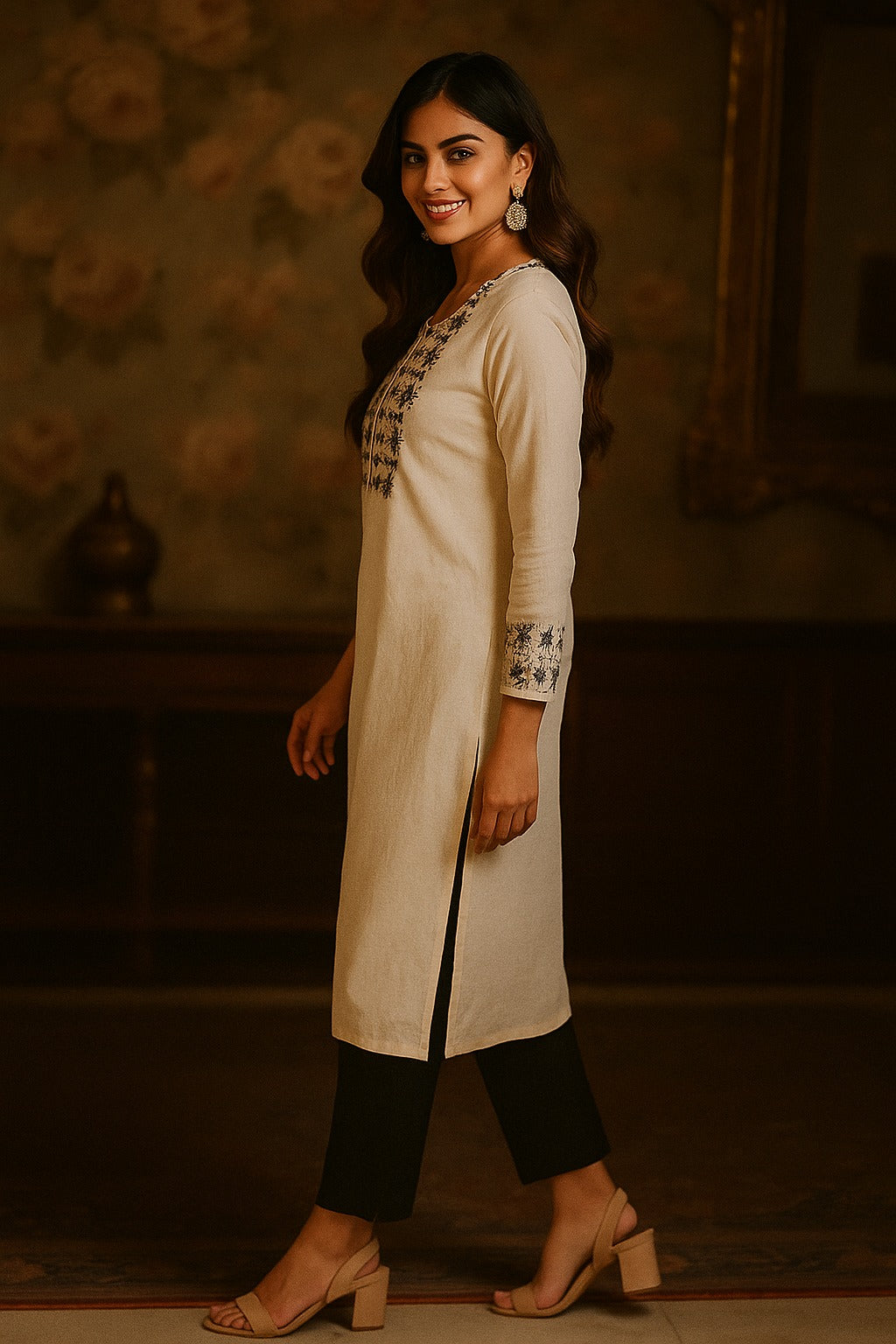 White Viscose Kurti Featuring Hand Touched Embroidery Work on the Neck