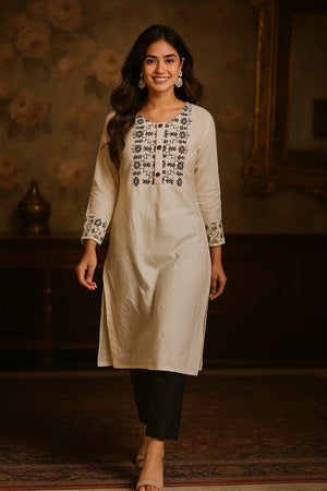 White Viscose Kurti Featuring Hand Touched Embroidery Work on the Neck