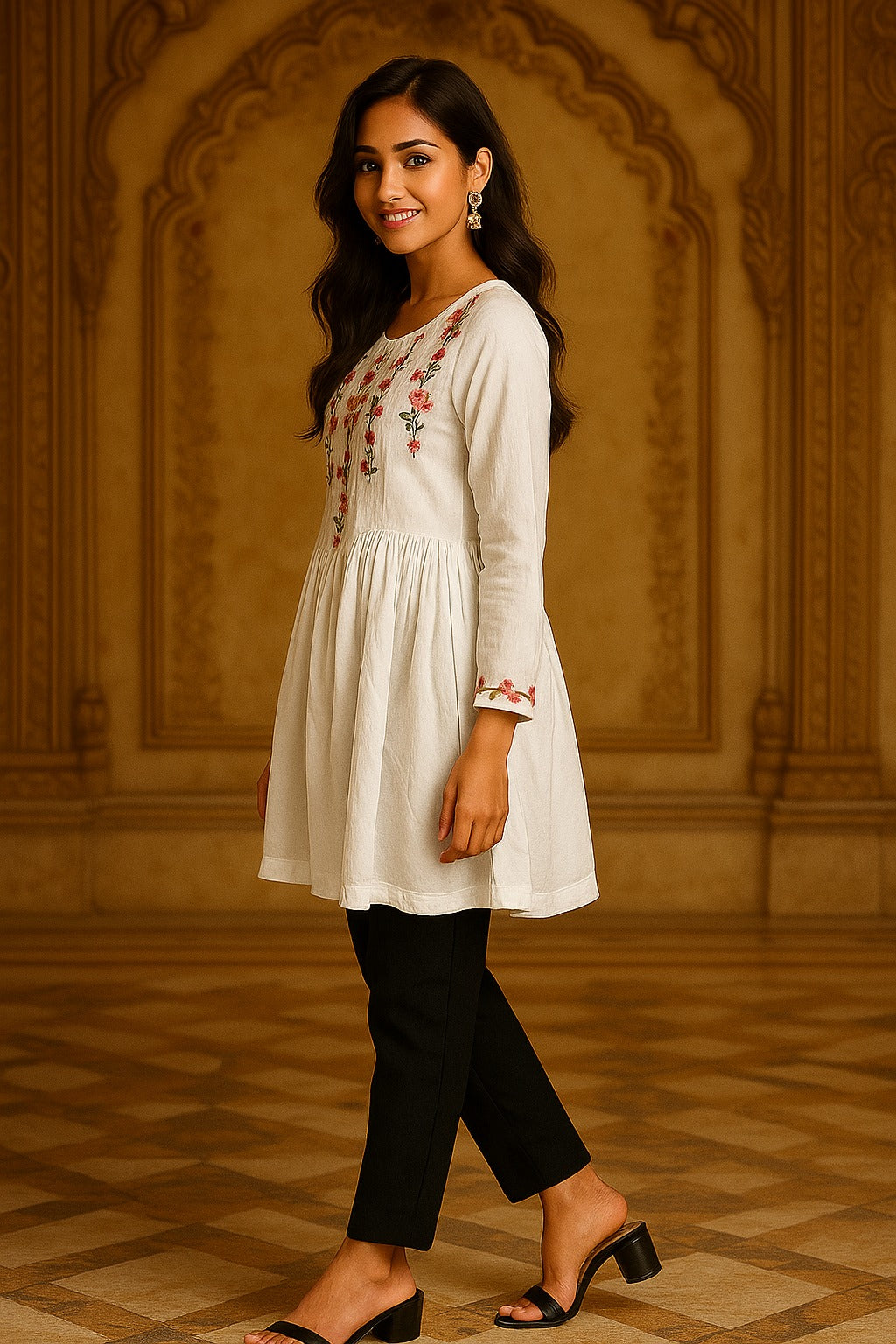 White Tunic in Heavy Rayon with Delicate Floral Embroidery
