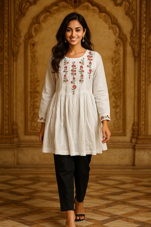 White Tunic in Heavy Rayon with Delicate Floral Embroidery