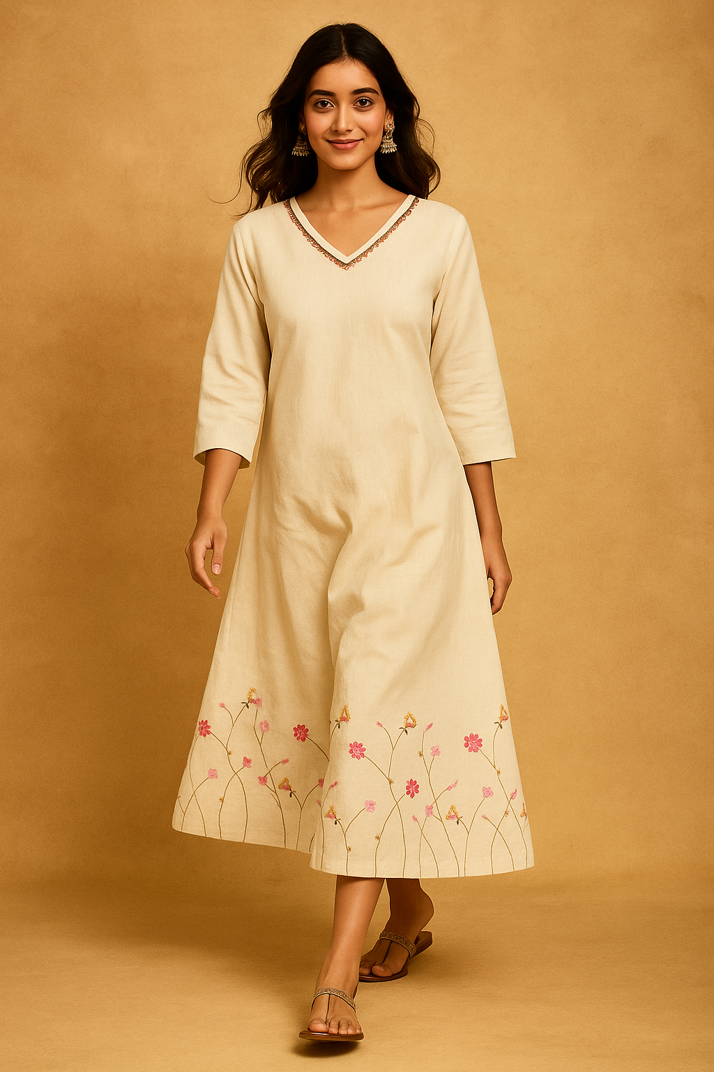 Classic Off White Cambric Cotton Dress with Feminine Floral Embroidery