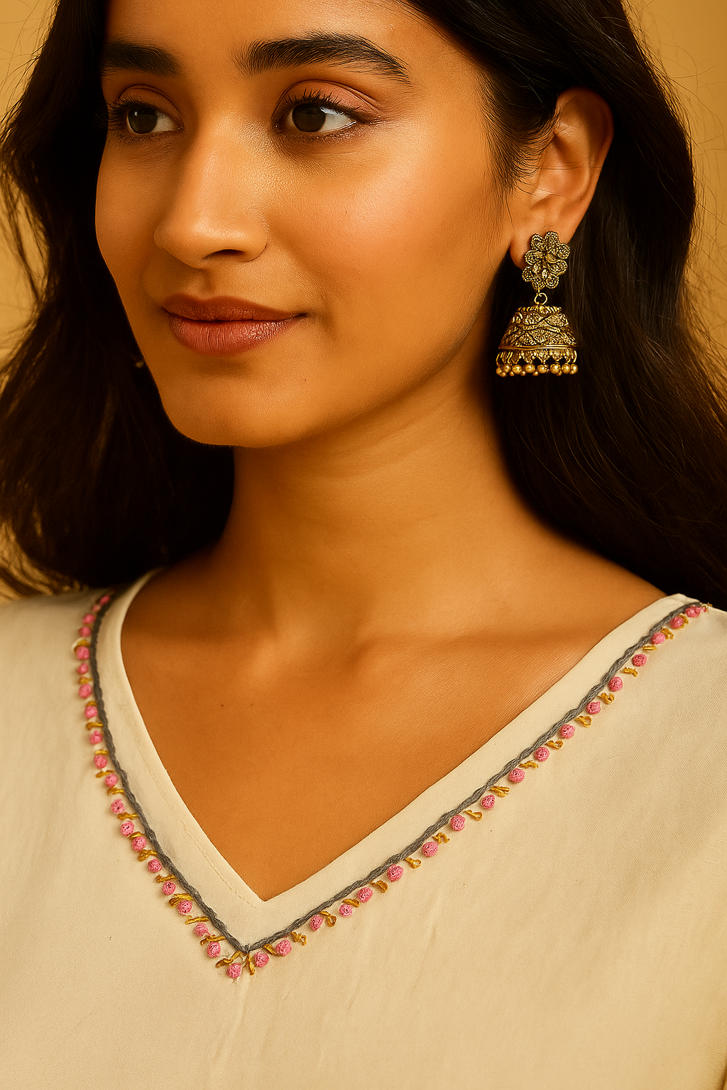 Classic Off White Cambric Cotton Dress with Feminine Floral Embroidery