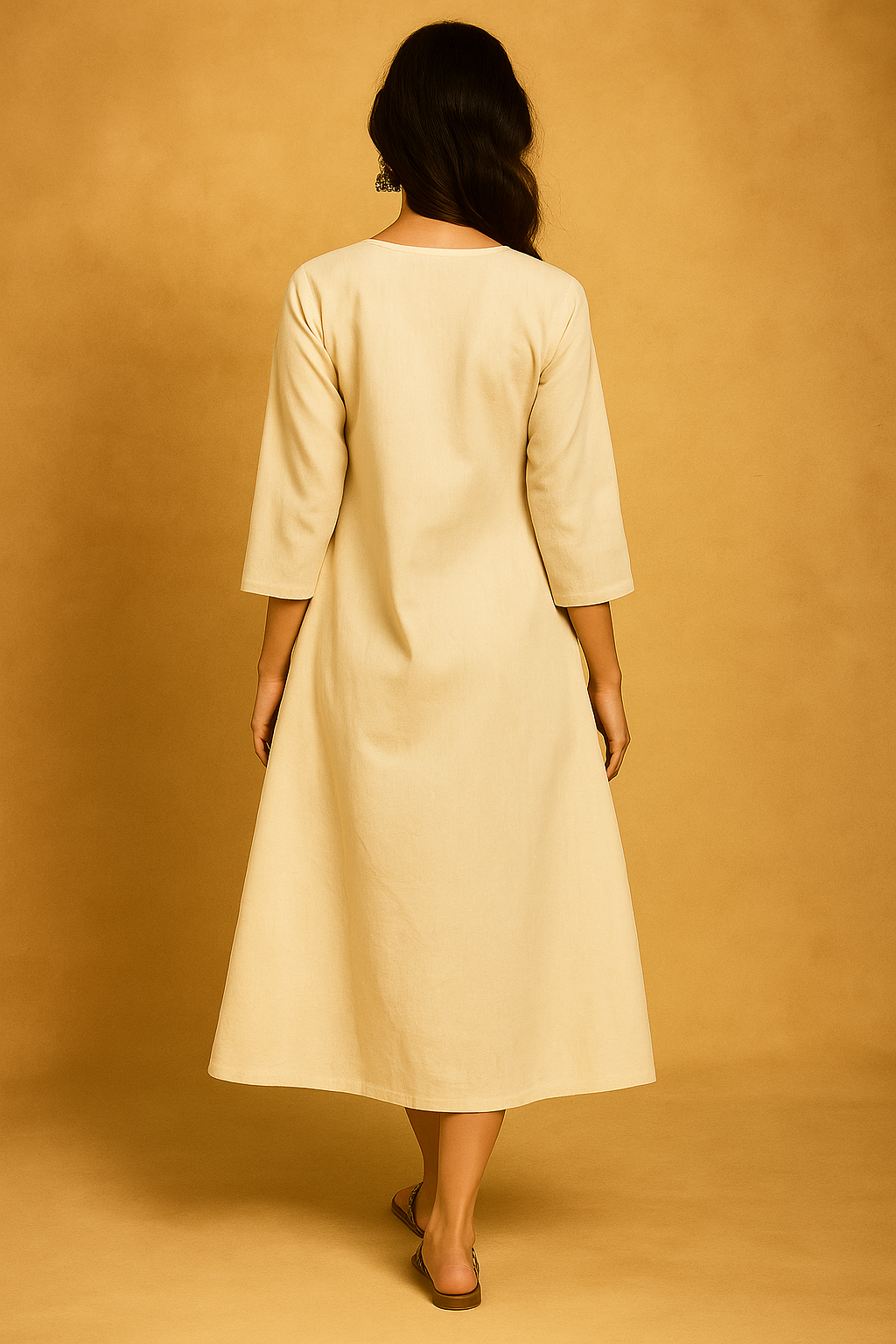 Classic Off White Cambric Cotton Dress with Feminine Floral Embroidery