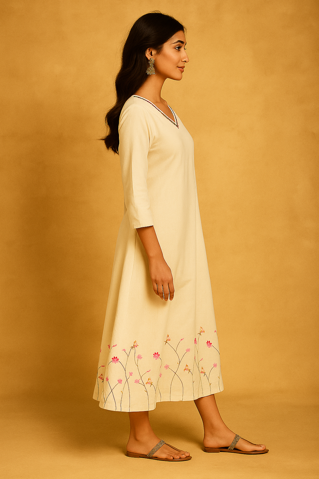 Classic Off White Cambric Cotton Dress with Feminine Floral Embroidery