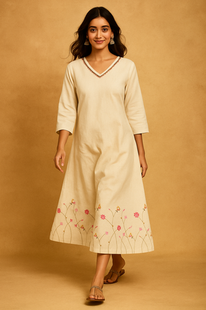 Classic Off White Cambric Cotton Dress with Feminine Floral Embroidery