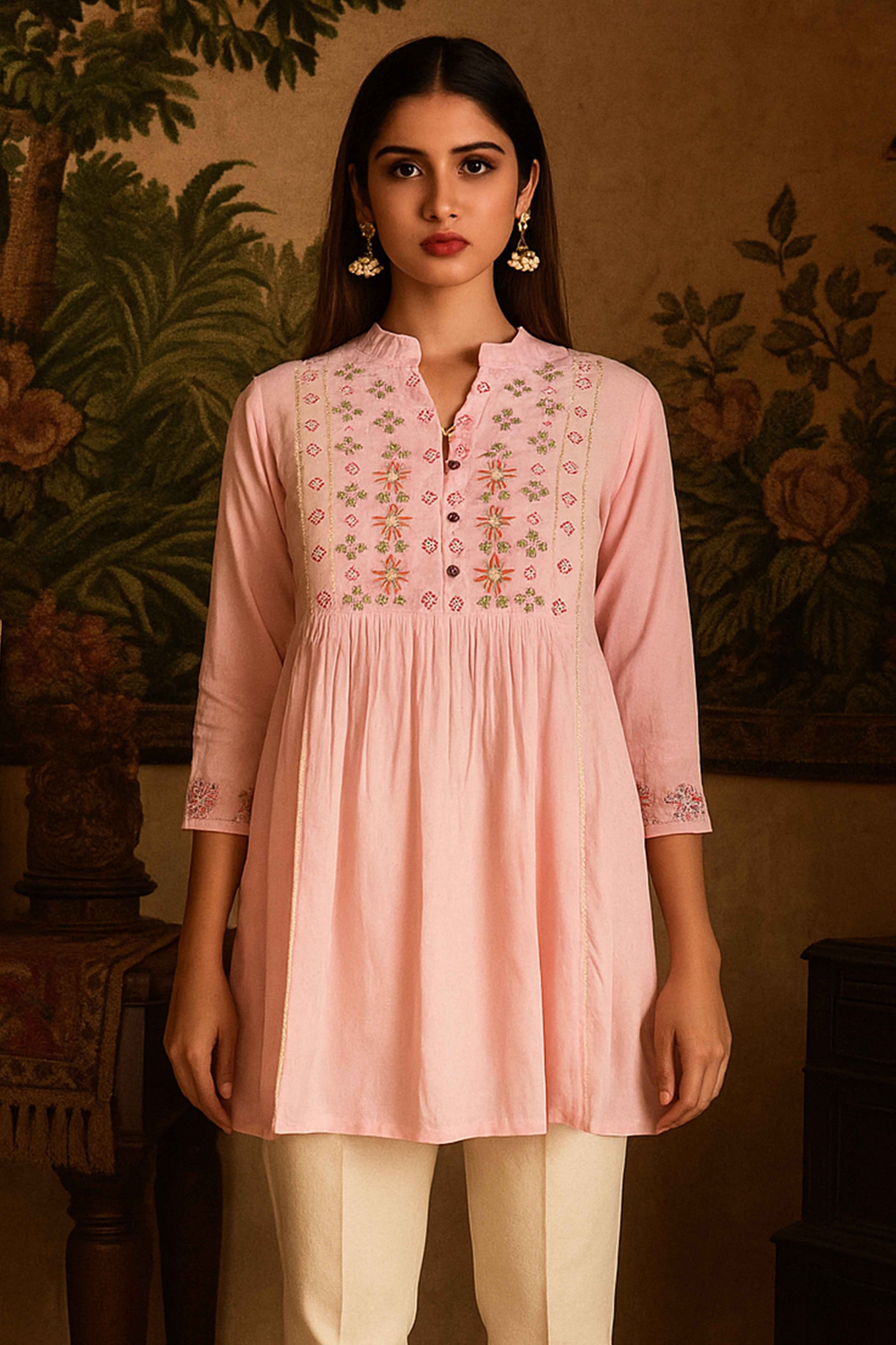 Pink Heavy Rayon Tunic Top with Delicate Floral Embroidery