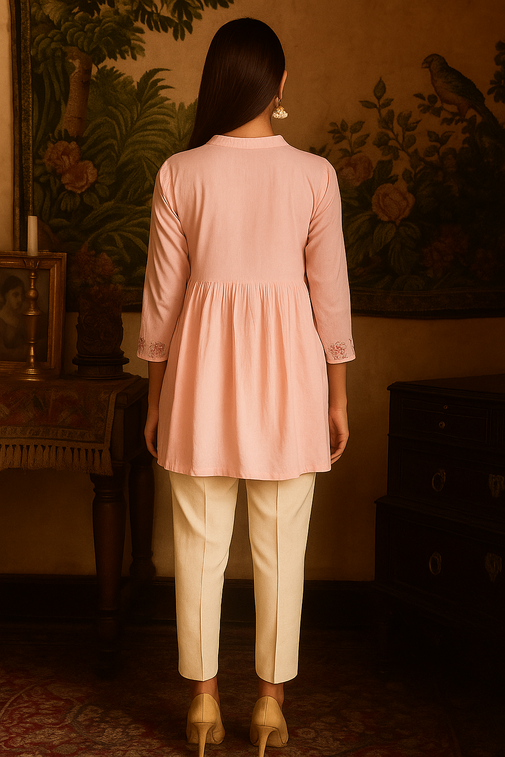 Pink Heavy Rayon Tunic Top with Delicate Floral Embroidery