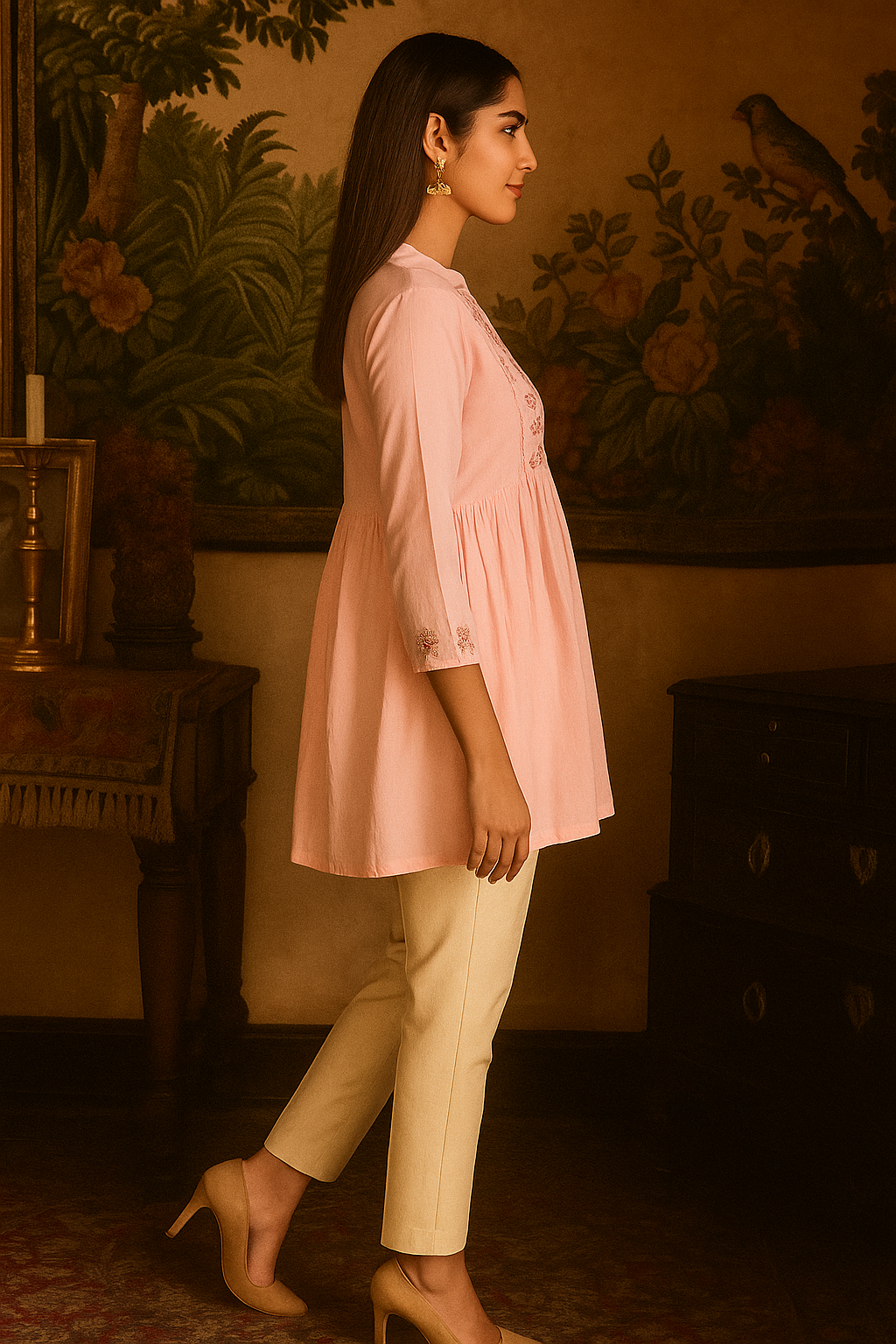 Pink Heavy Rayon Tunic Top with Delicate Floral Embroidery