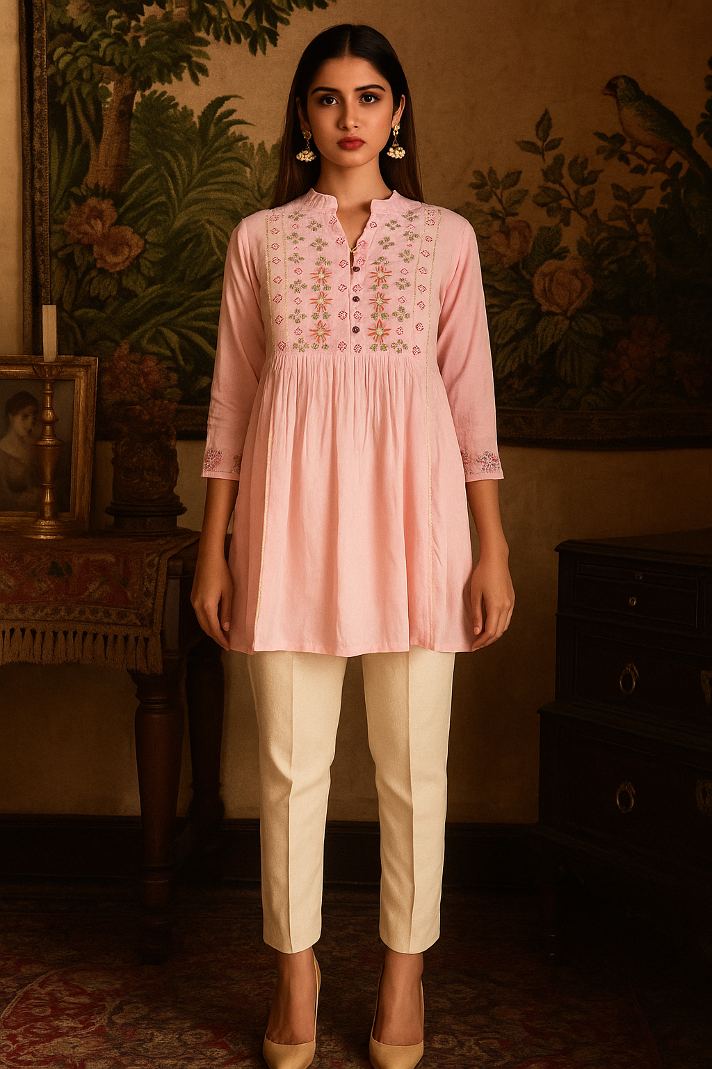 Pink Heavy Rayon Tunic Top with Delicate Floral Embroidery